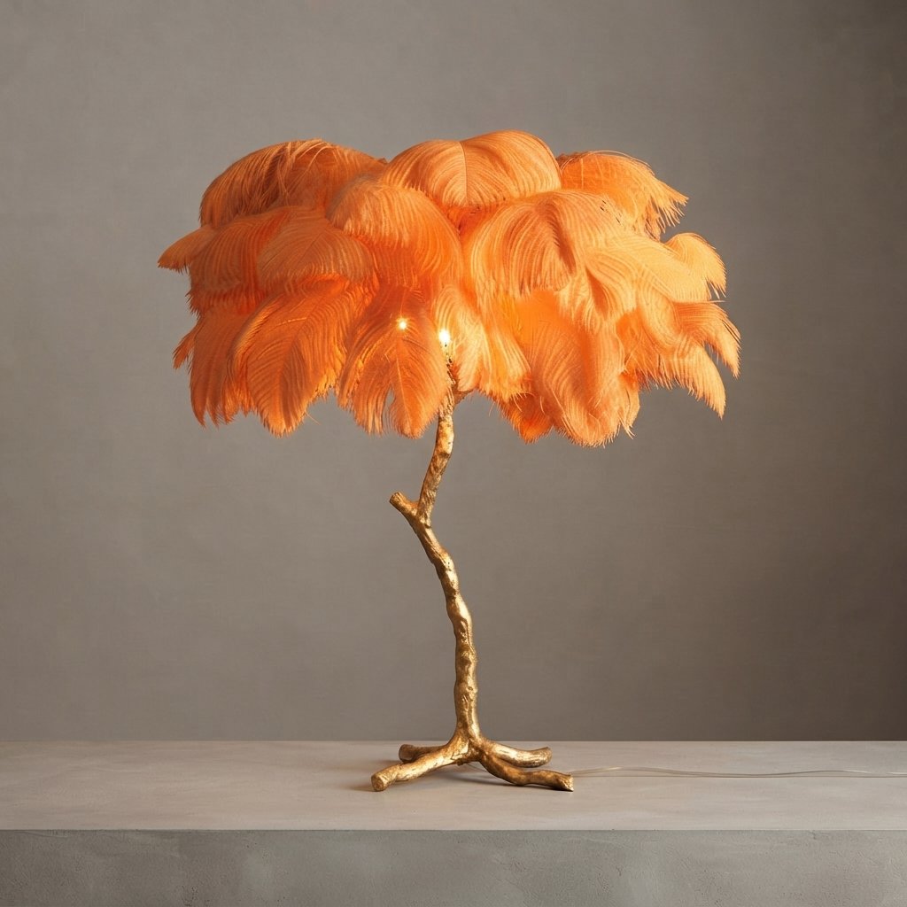 Ostrich Feather Floor Lamp with Gold Branch Base — Orange