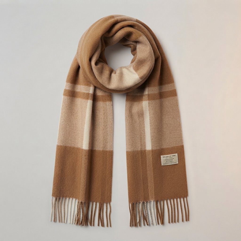Plaid Wool Scarf with Fringe – Oversized Winter Wrap — Beige