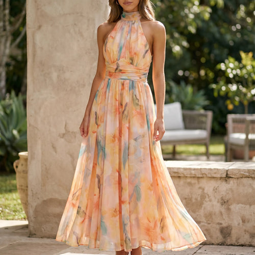 Artara™ -  Halter Neck Printed Maxi Dress -  Attending Summer Weddings