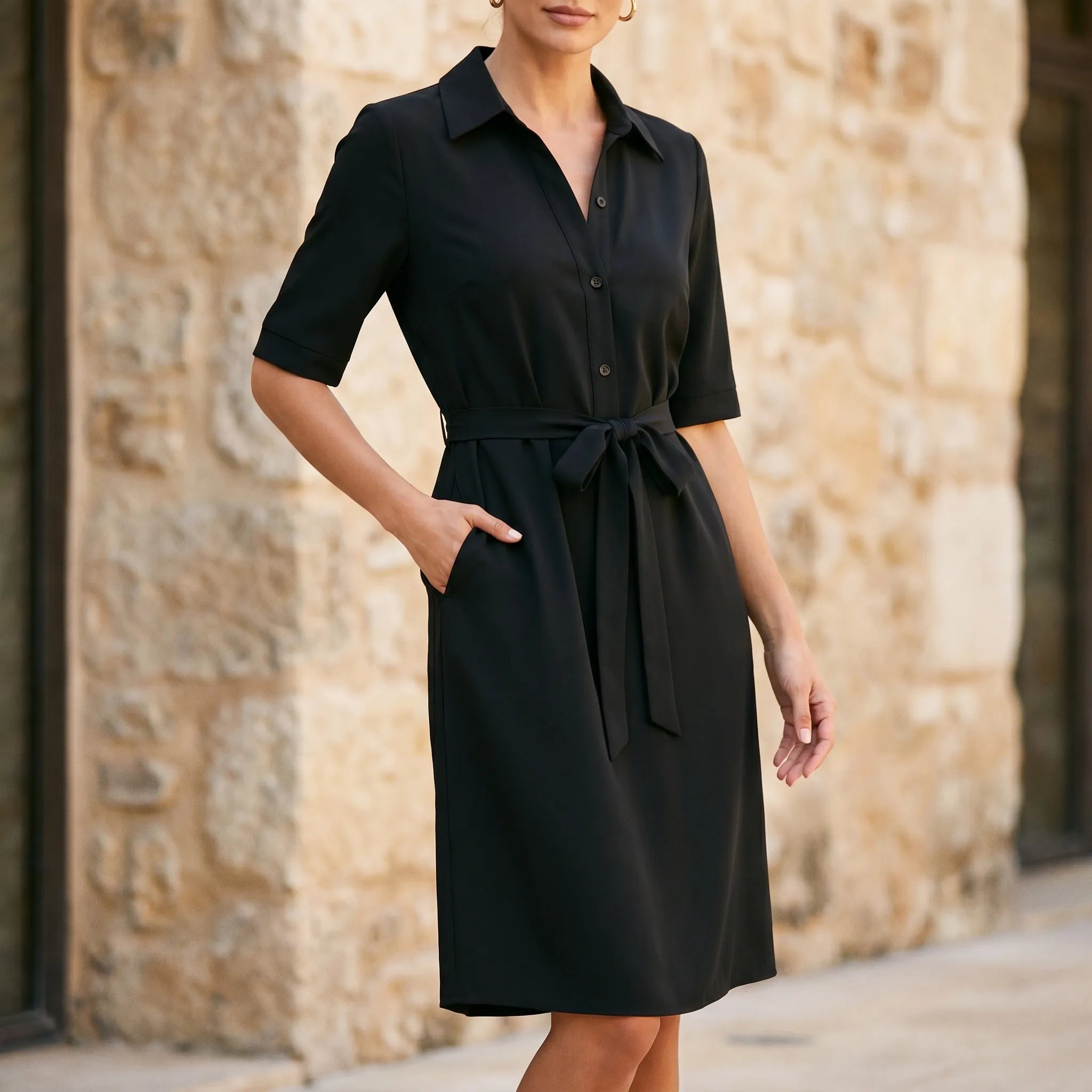 Belvina™ -  Collared Midi Length Shirt Dress -  Daily Office Wear