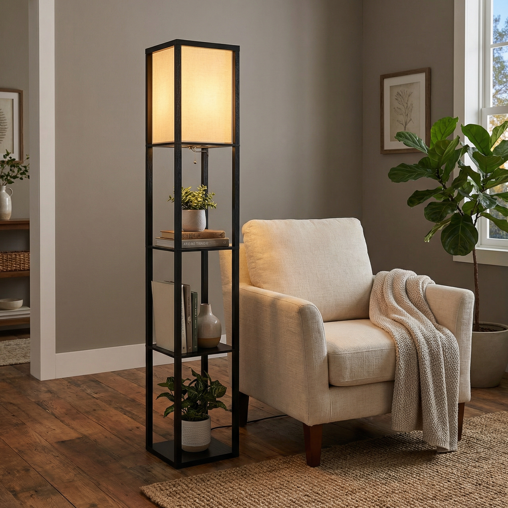 Floor Lamp with Fabric Shade and Storage Shelves