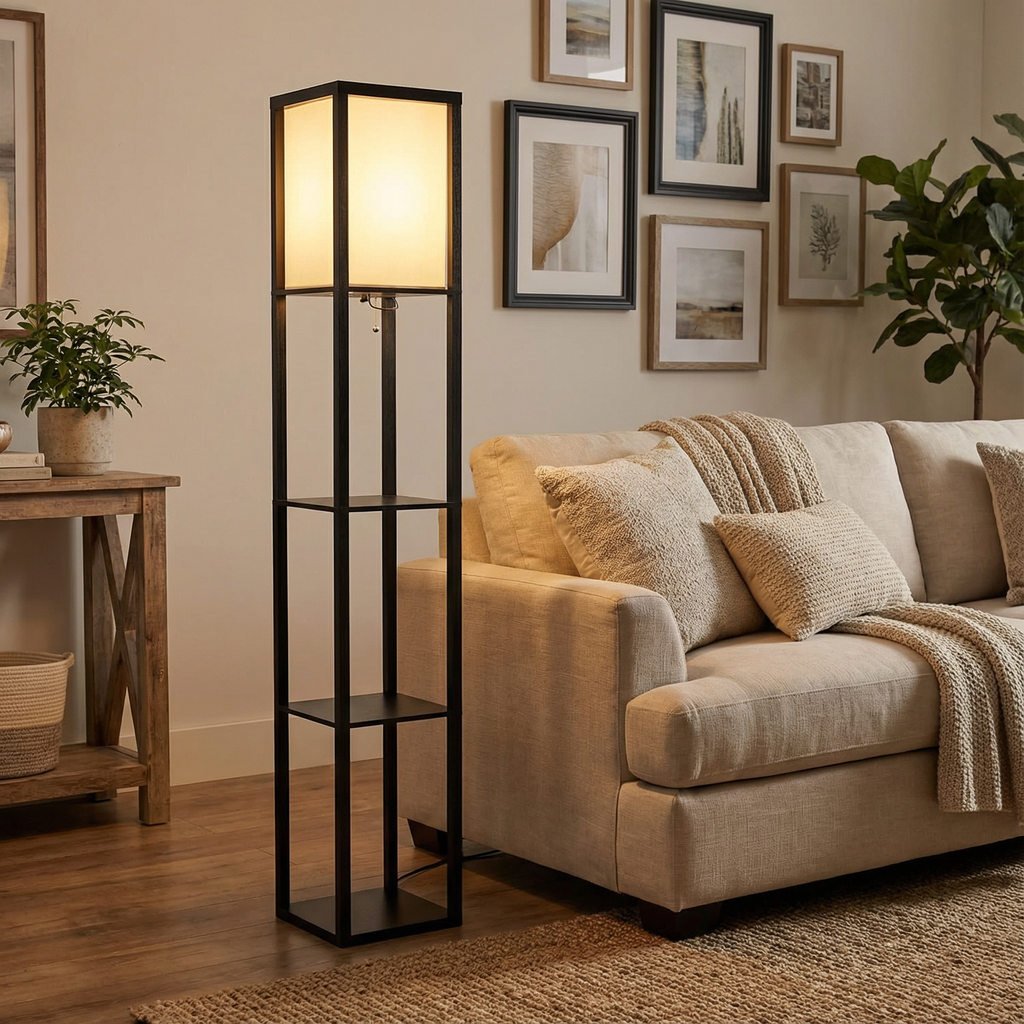 Floor Lamp with Fabric Shade and Storage Shelves
