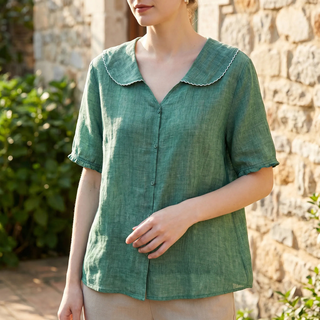 Caelira™ -  Short-Sleeved Button-Up Blouse -  Weekend Brunch Outings