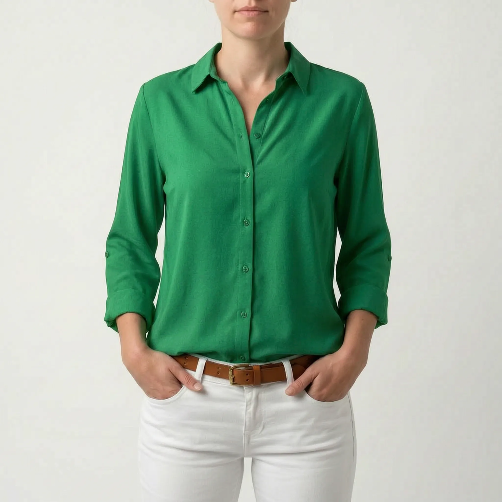 Cielon™ -  Relaxed Button-Front Woven Blouse -  Casual Office Wear
