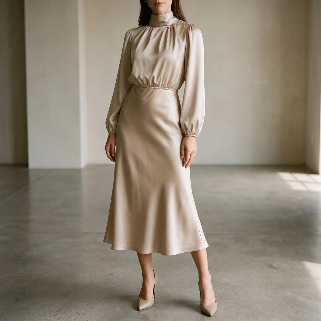 Drapina™ -  High Neck Midi Dress -  Evening Dinner Parties