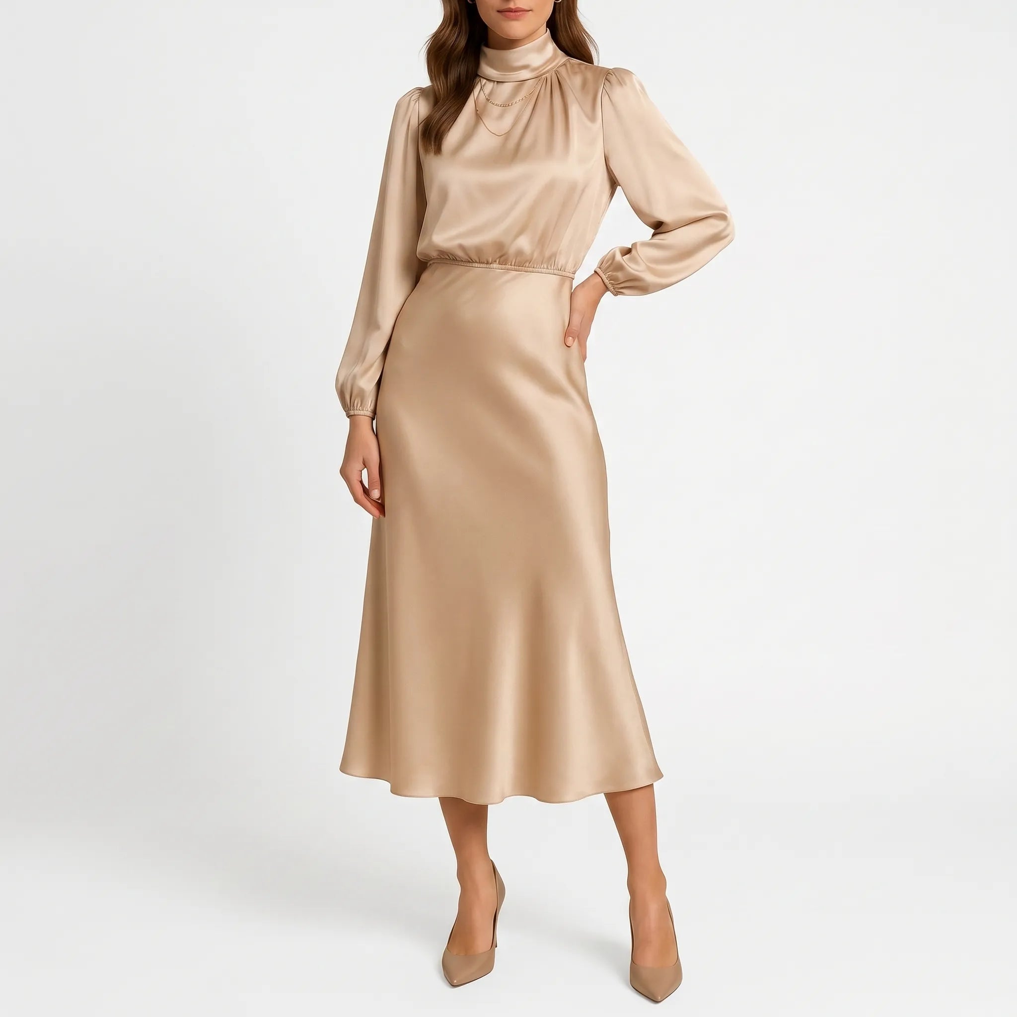 Drapina™ -  High Neck Midi Dress -  Evening Dinner Parties
