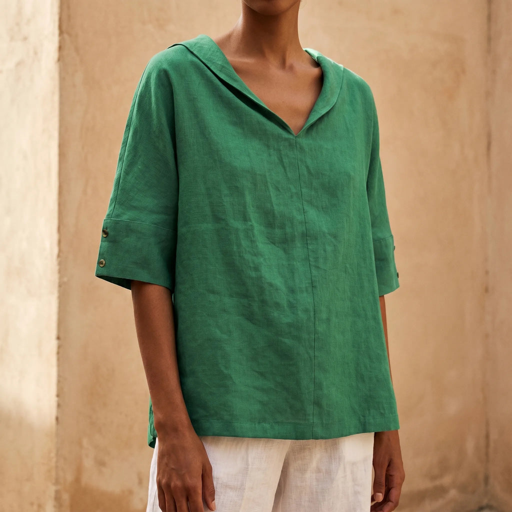 Drapio™ -  Relaxed V-Neck Short Sleeve Blouse -  Effortless Daytime Styling