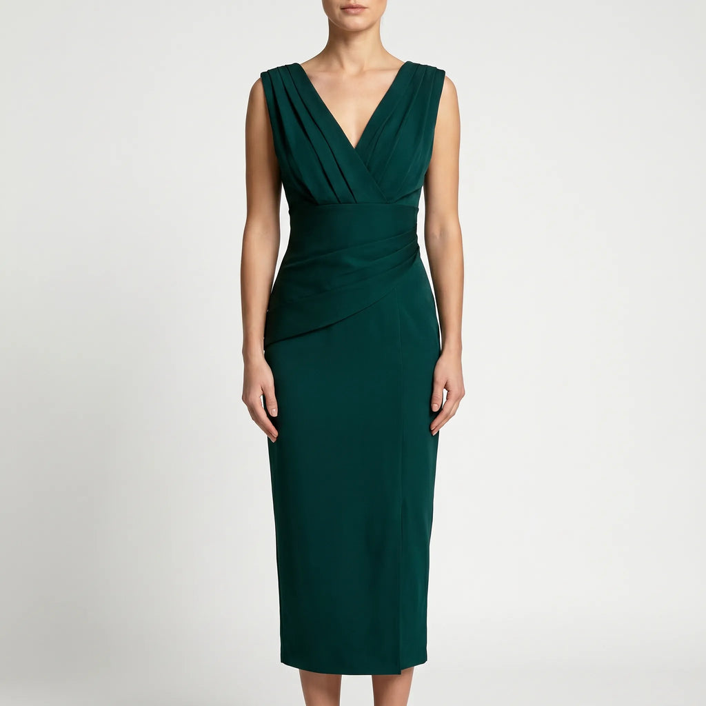 Elegina™ -  Ruched V-Neck Midi Dress -  Formal Event Dressing