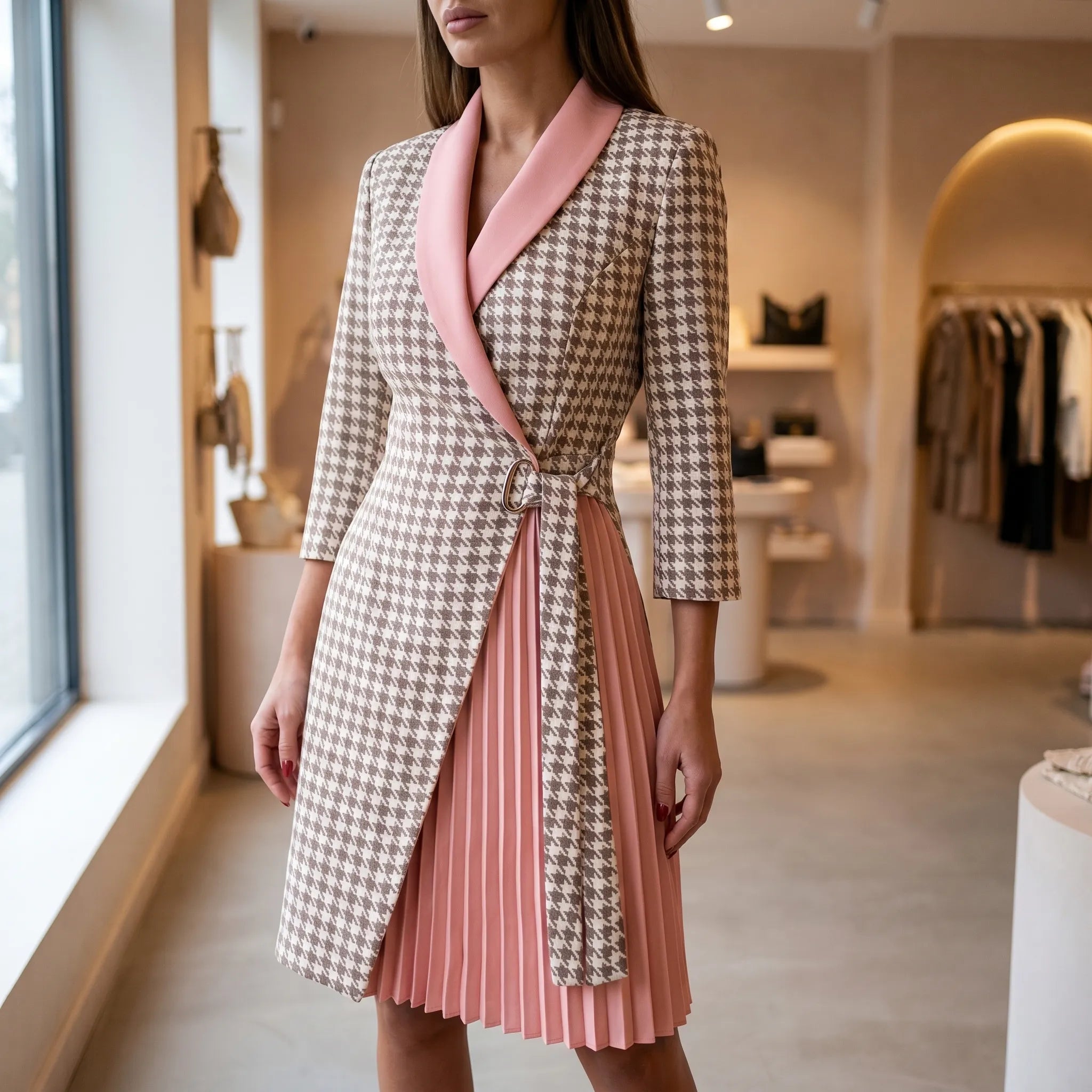 Elevaria™ -  Houndstooth Blazer Wrap Dress -  Business Meetings
