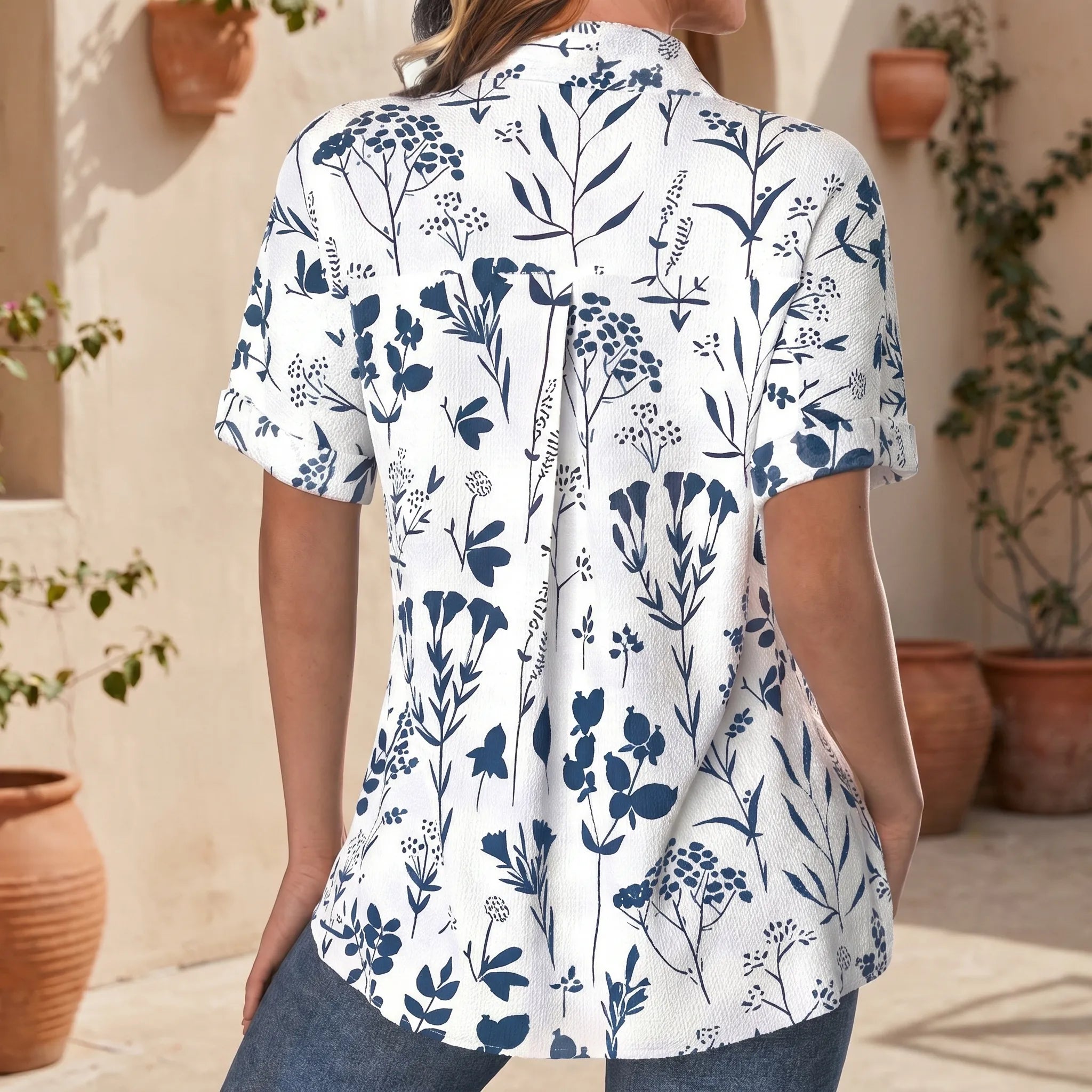 Floralis™ -  Short Sleeve Botanical Blouse -  Casual Daytime Wear