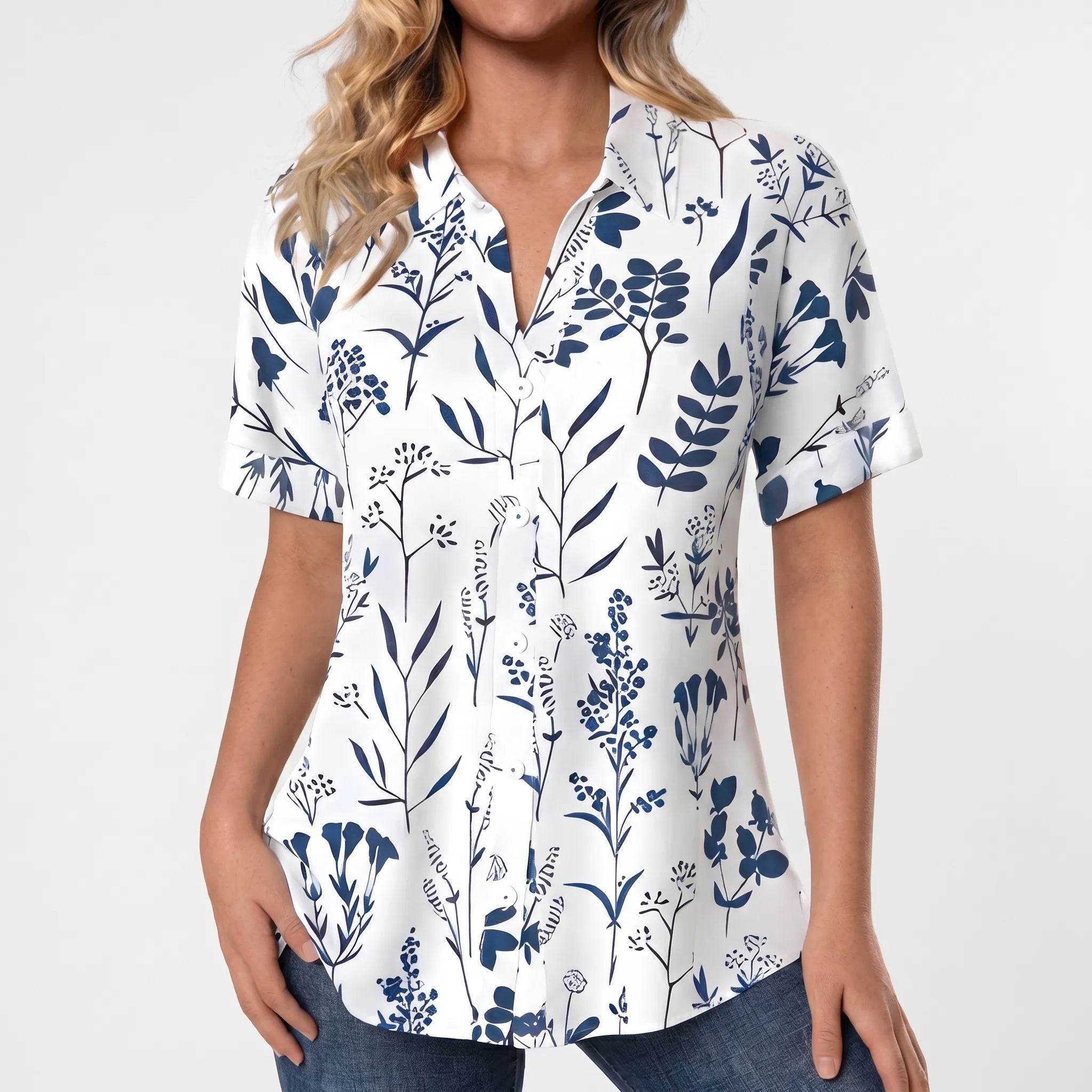 Floralis™ -  Short Sleeve Botanical Blouse -  Casual Daytime Wear