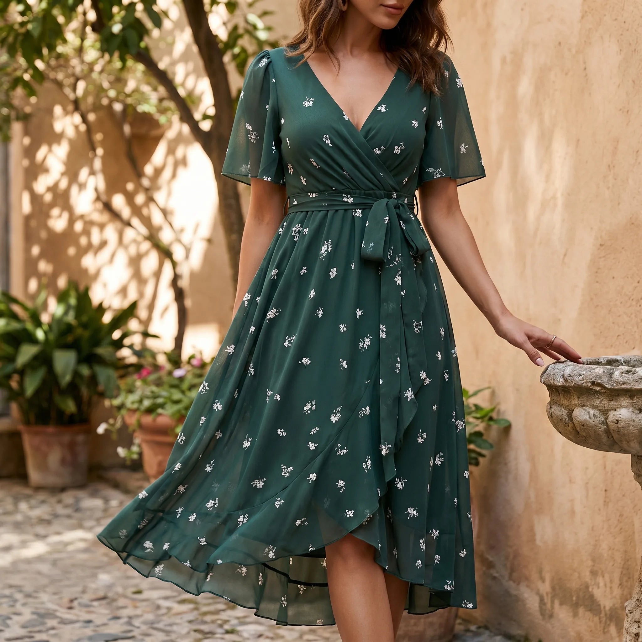 Floravia™ -  Floral Print Midi Wrap Dress -  Summer Garden Parties