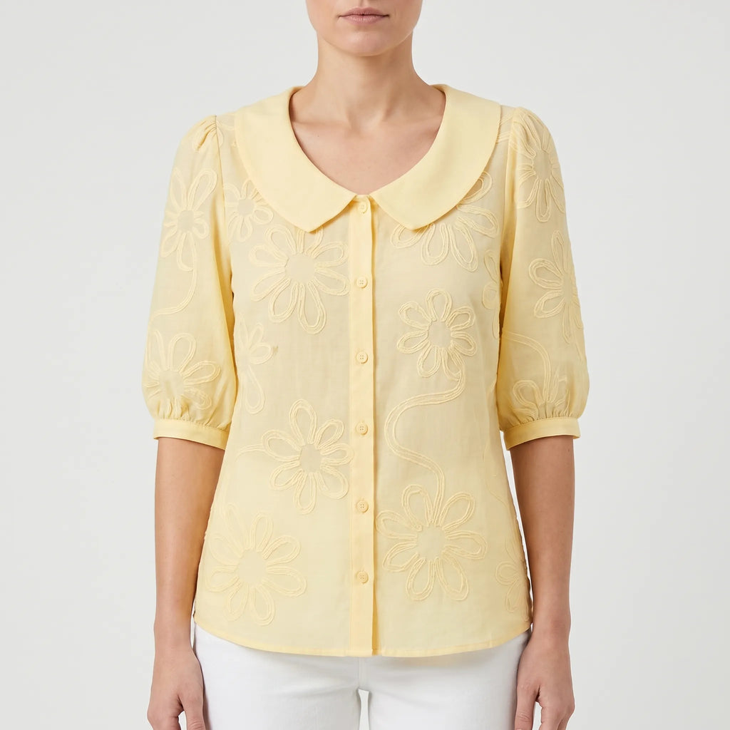 Floriave™ -  Floral Embroidered Button Blouse -  Office Styling