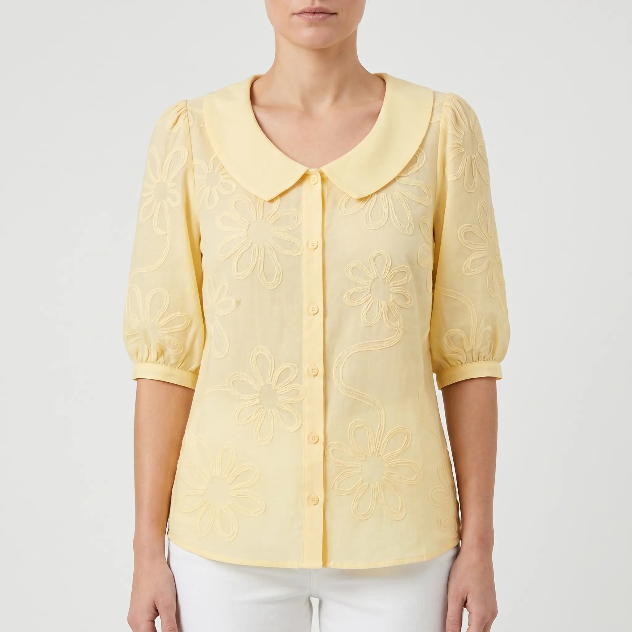 Floriave™ -  Floral Embroidered Button Blouse -  Office Styling