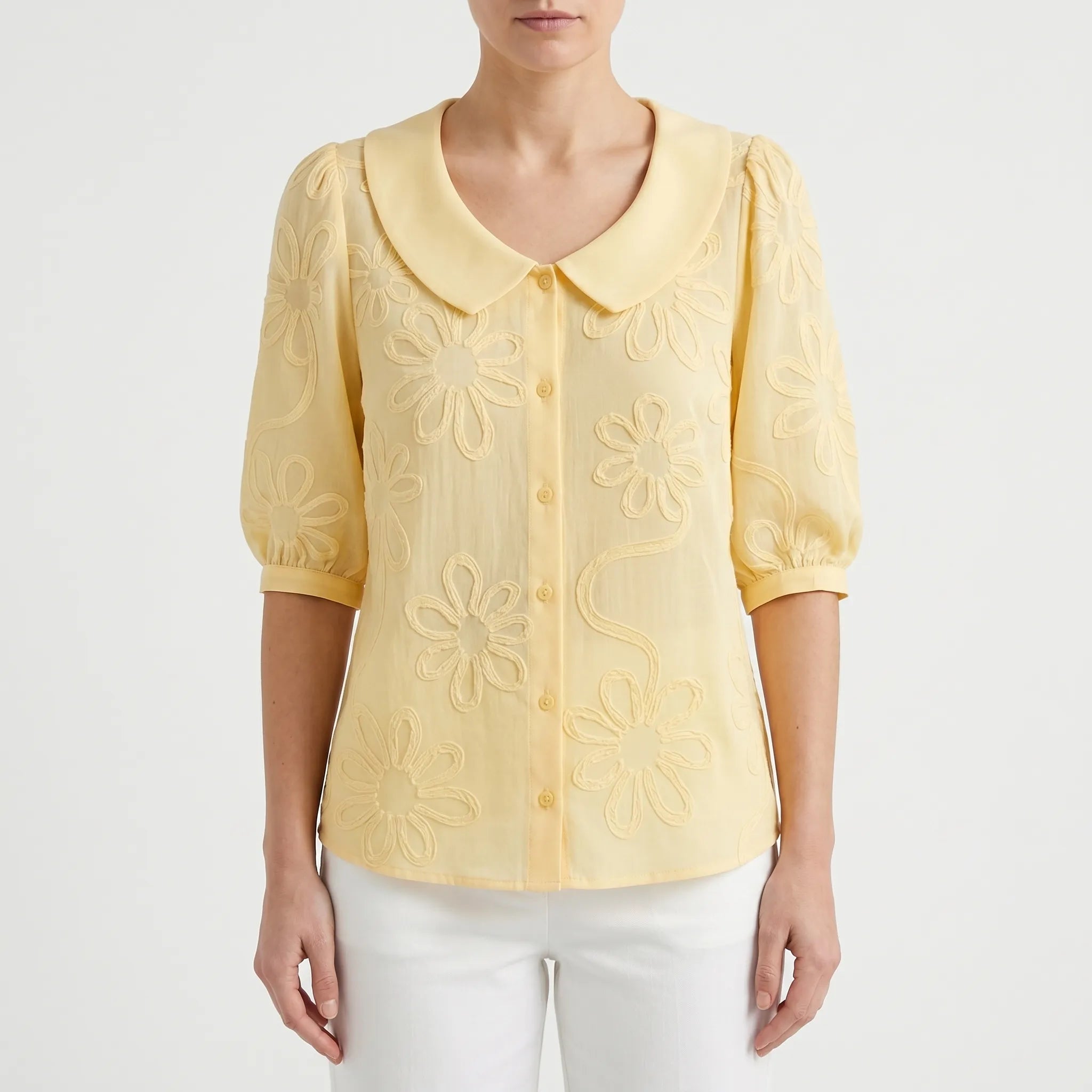 Floriave™ -  Floral Embroidered Button Blouse -  Office Styling
