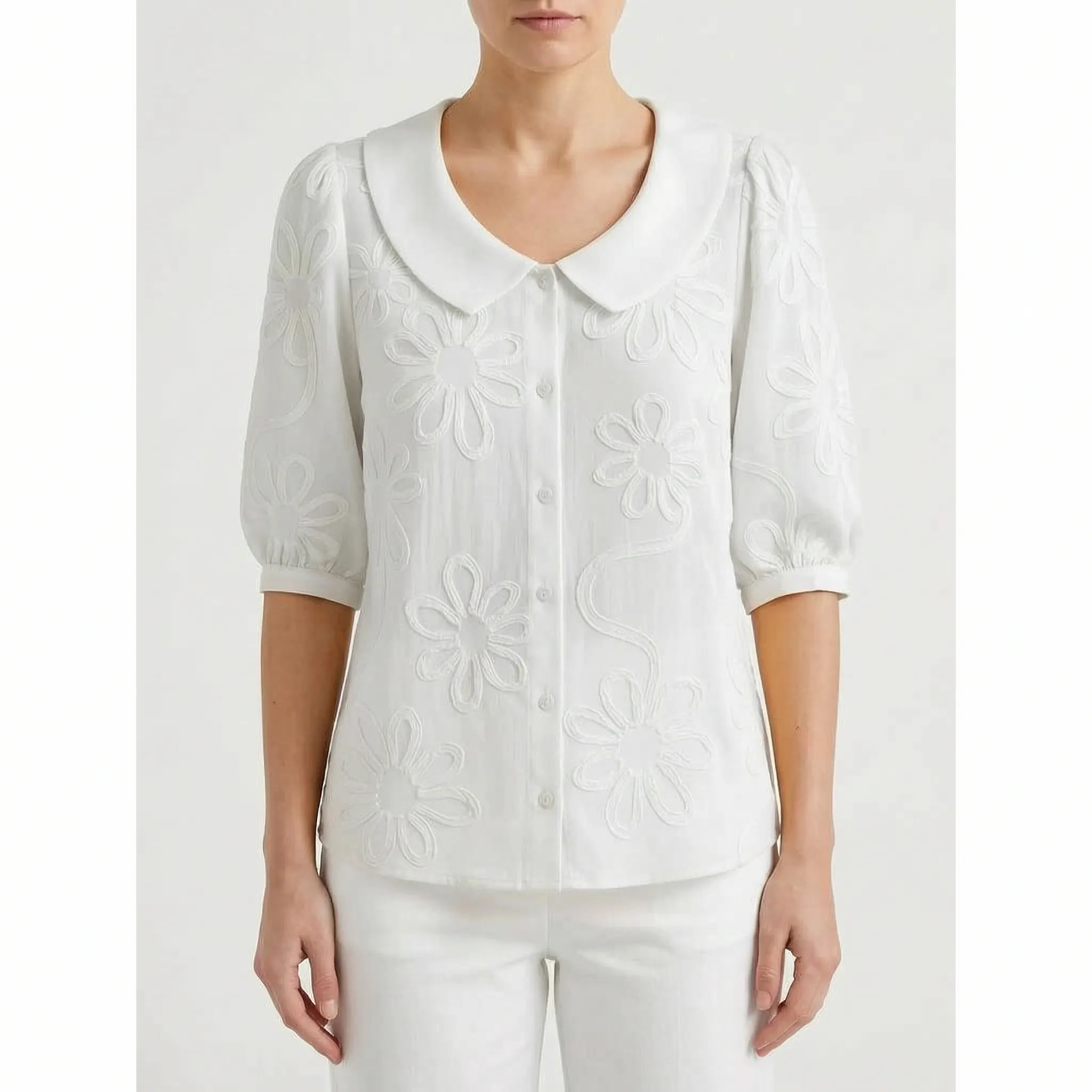 Floriave™ -  Floral Embroidered Button Blouse -  Office Styling