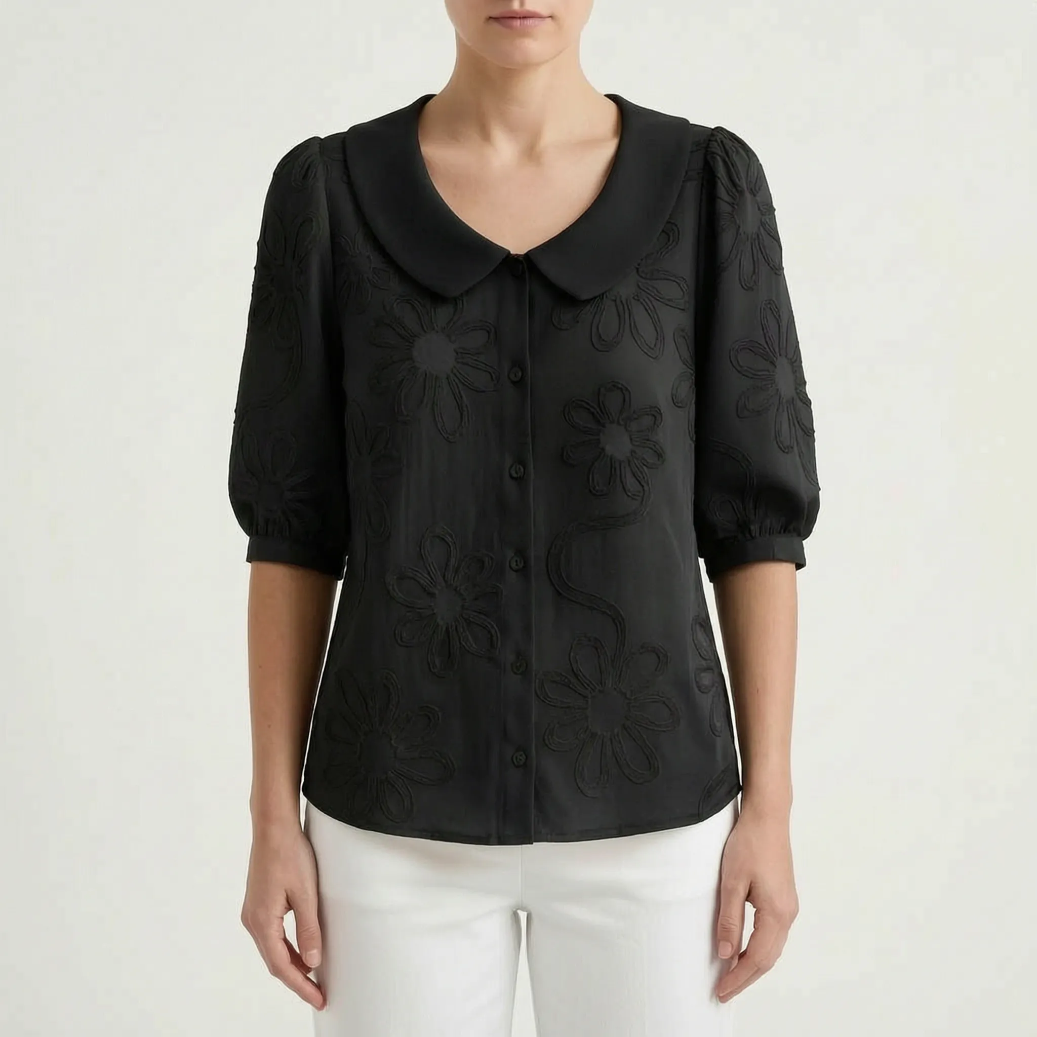 Floriave™ -  Floral Embroidered Button Blouse -  Office Styling
