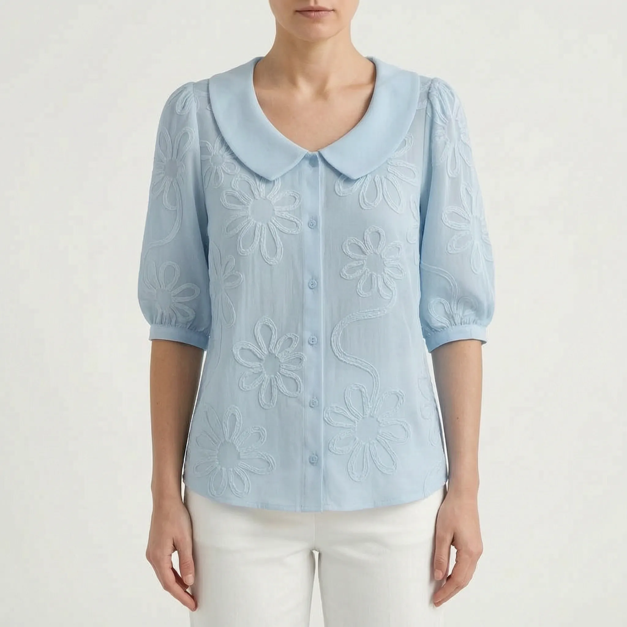 Floriave™ -  Floral Embroidered Button Blouse -  Office Styling