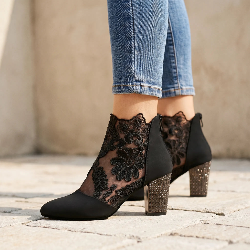 Floriette™ -  Sheer Floral Heeled Booties -  Elevating Evening Outfits