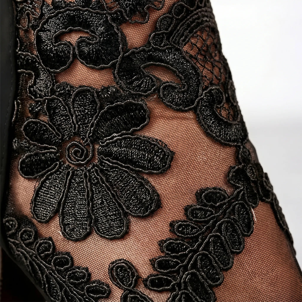 Floriette™ -  Sheer Floral Heeled Booties -  Elevating Evening Outfits