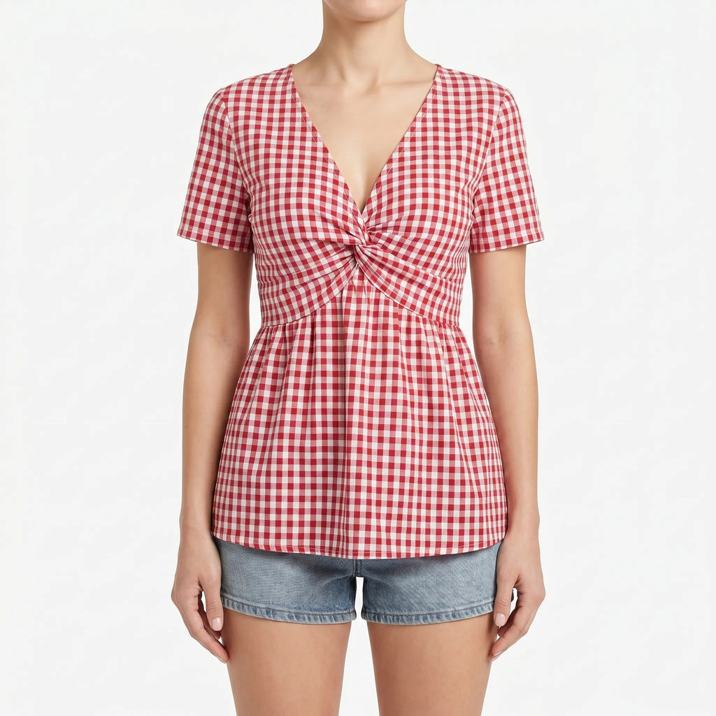 Gingora™ -  Short Sleeve Gingham Blouse -  Casual Summer Outings