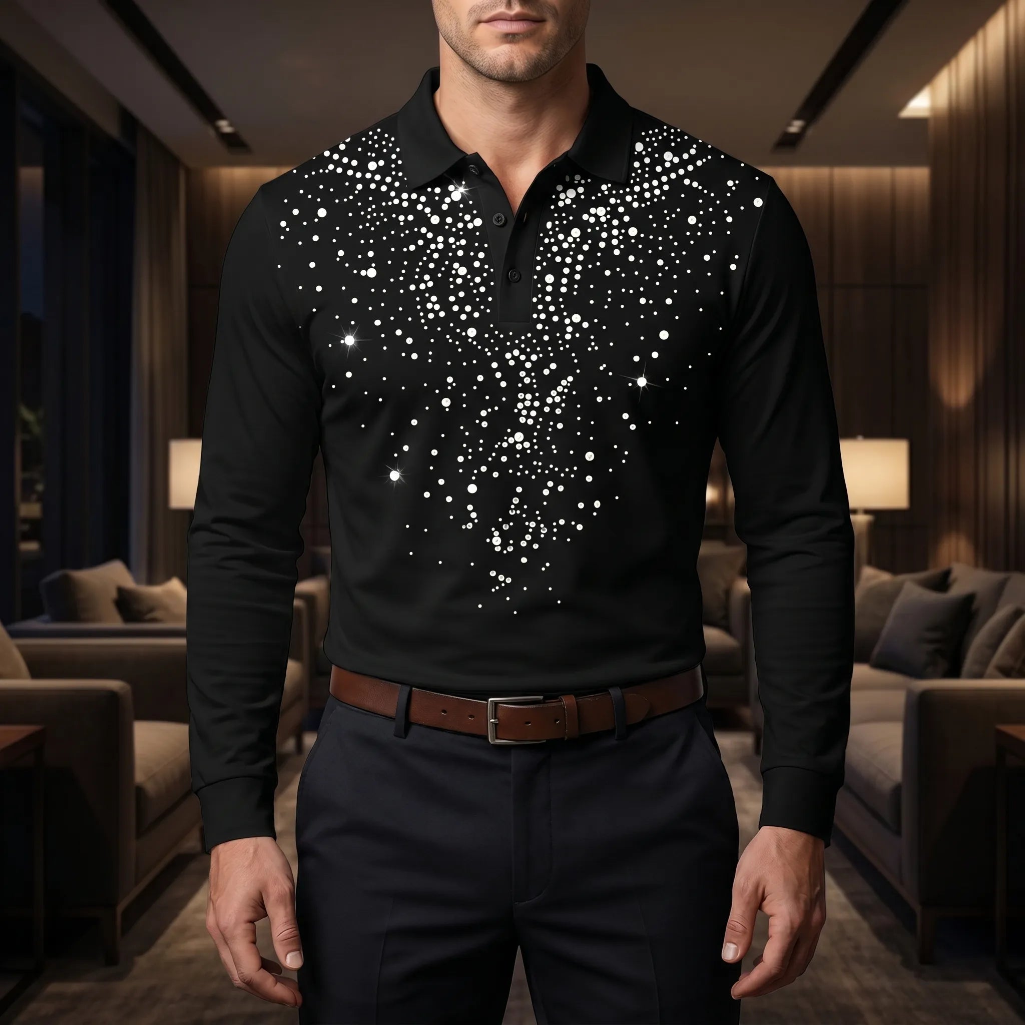 GleamPolo™ -  Embellished Long-Sleeve Polo Shirt -  Evening Events