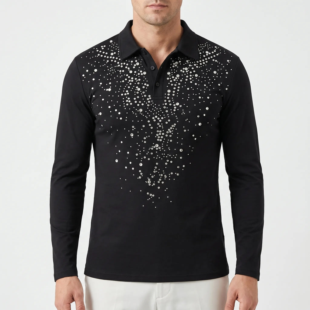 GleamPolo™ -  Embellished Long-Sleeve Polo Shirt -  Evening Events