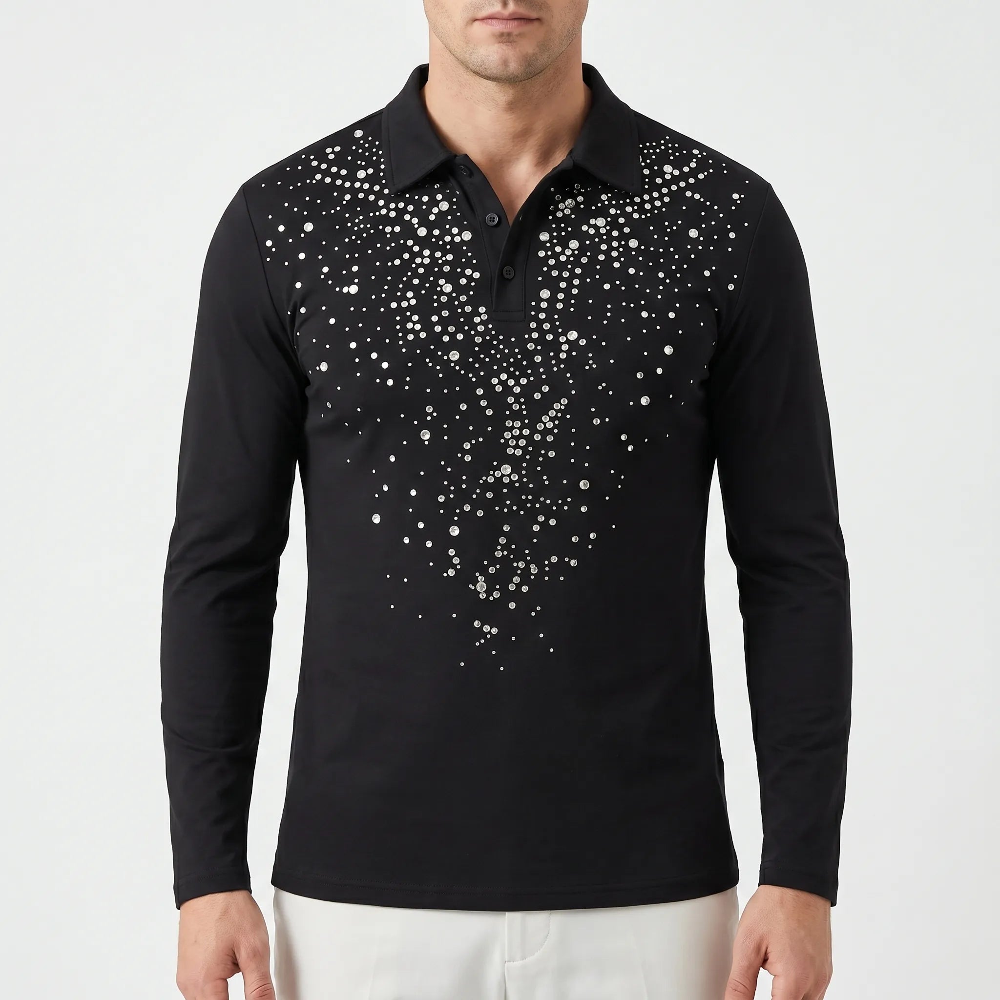 GleamPolo™ -  Embellished Long-Sleeve Polo Shirt -  Evening Events