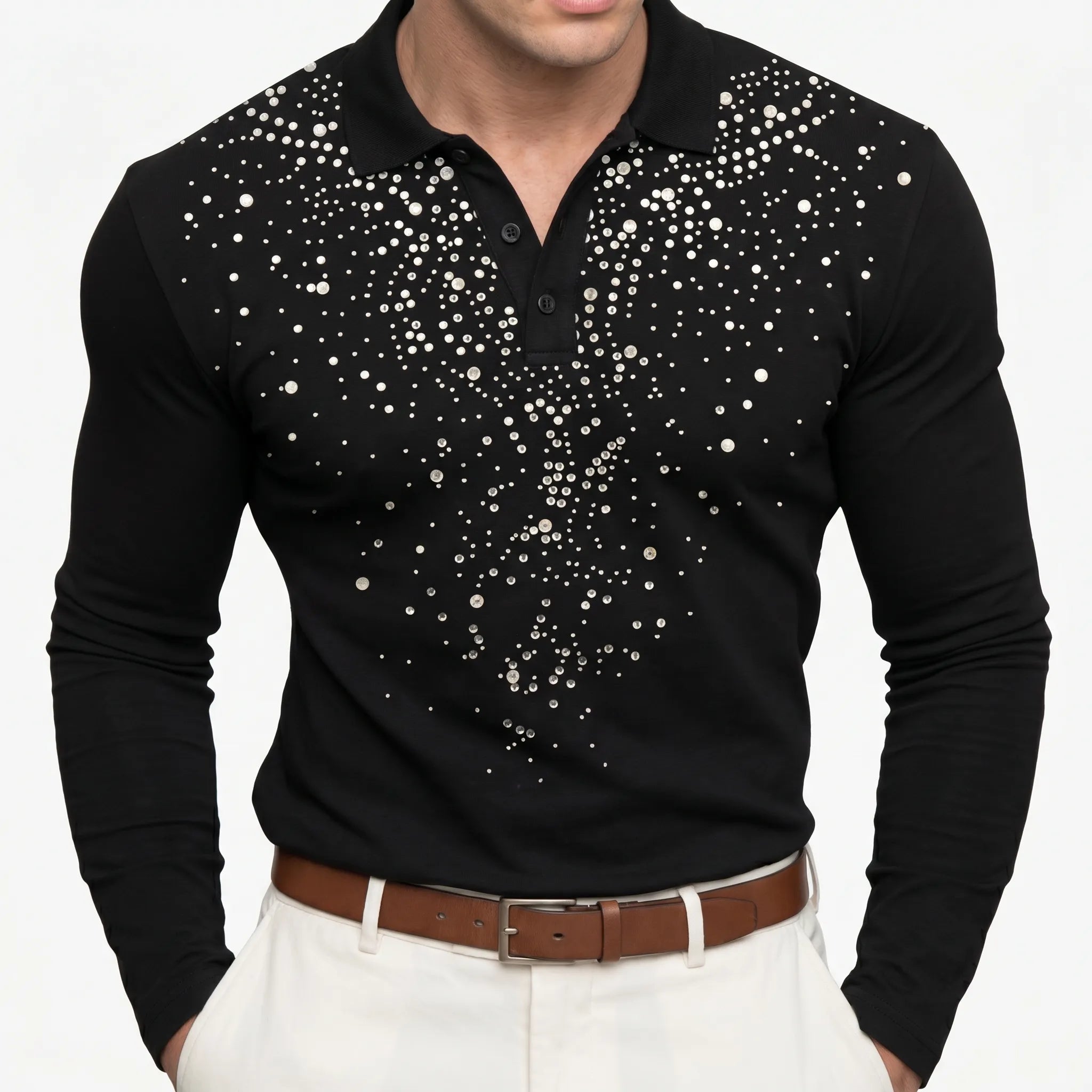 GleamPolo™ -  Embellished Long-Sleeve Polo Shirt -  Evening Events