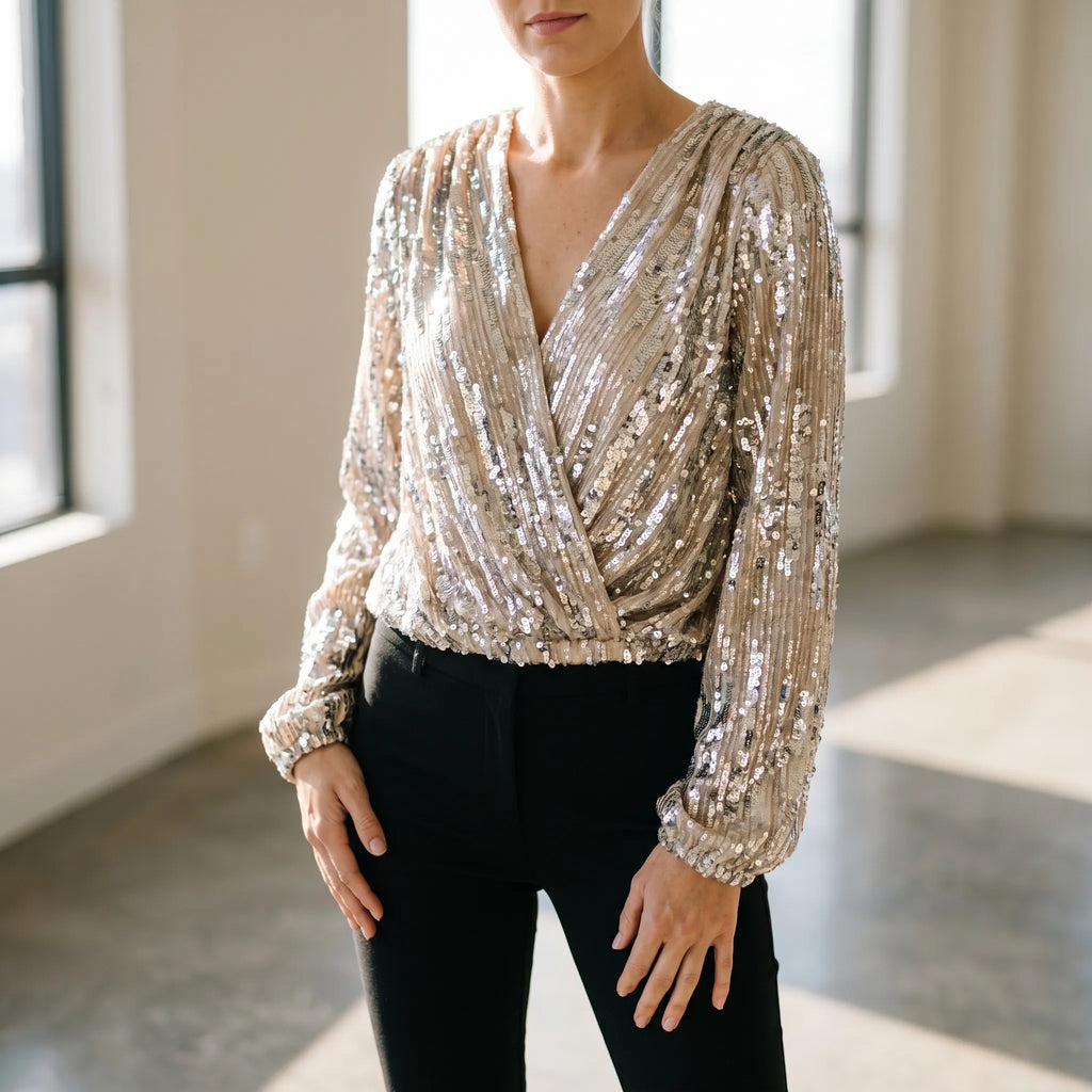 Glimmera™ -  Sequin Wrap Blouse -  Festive Party Wear
