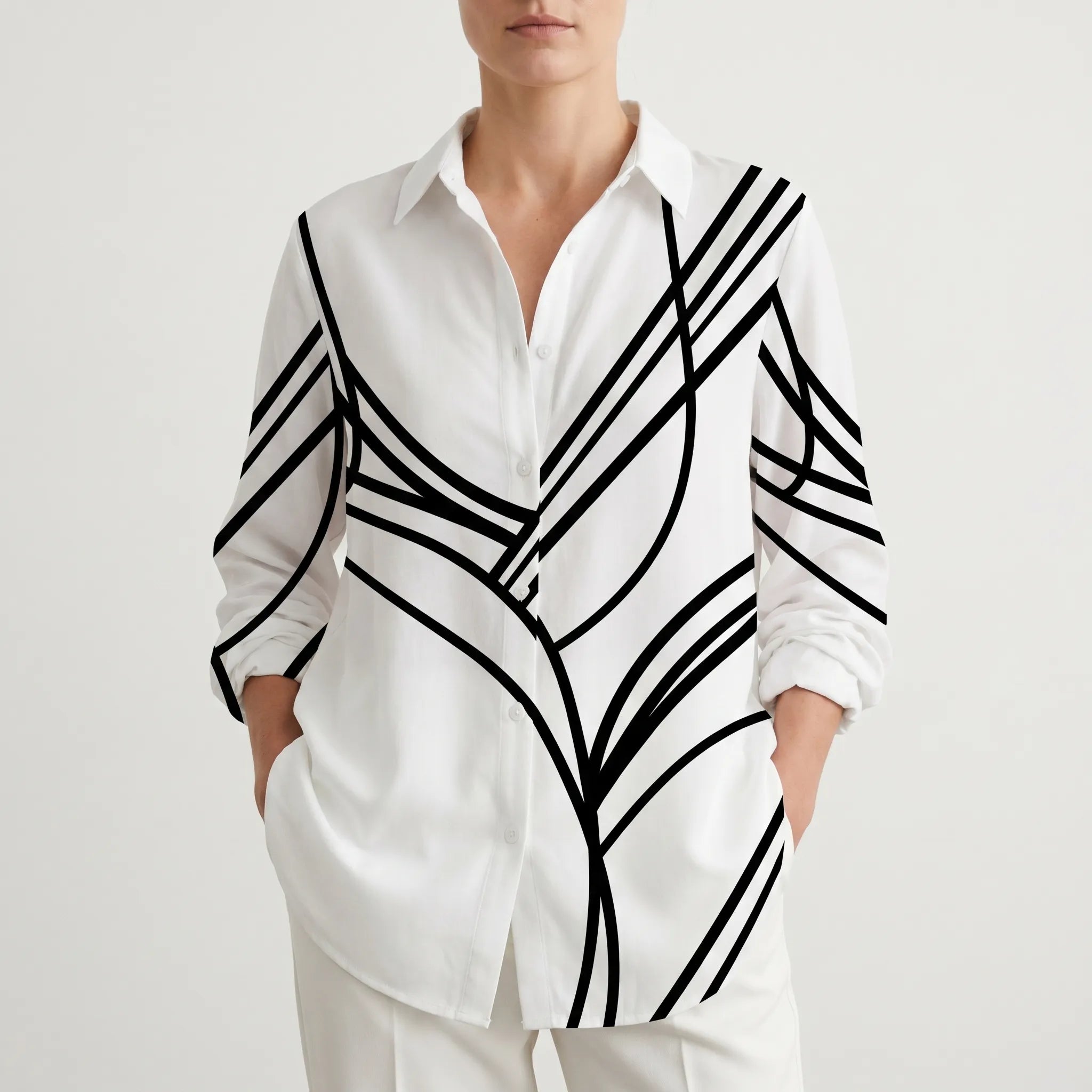 Lineara™ -  Geometric Print Button-Up Blouse -  Smart-Casual Styling