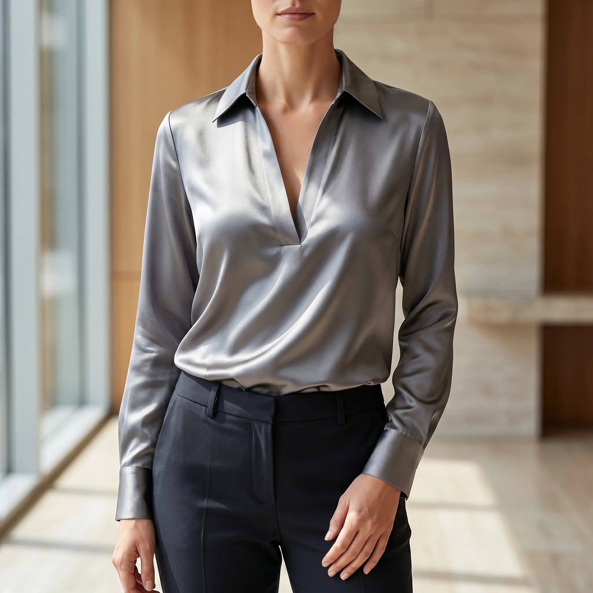 Luminis™ -  V-Neck Collared Blouse -  Office Styling