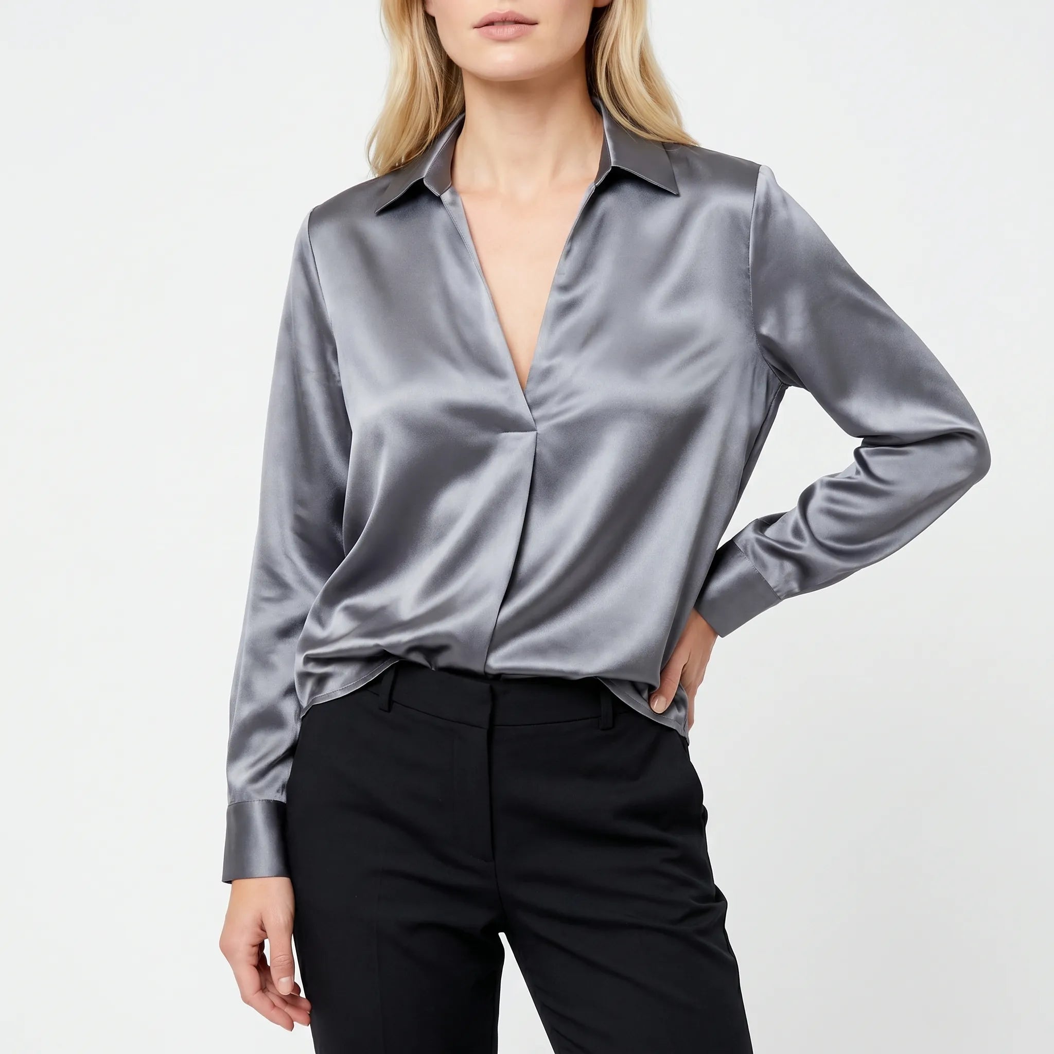 Luminis™ -  V-Neck Collared Blouse -  Office Styling