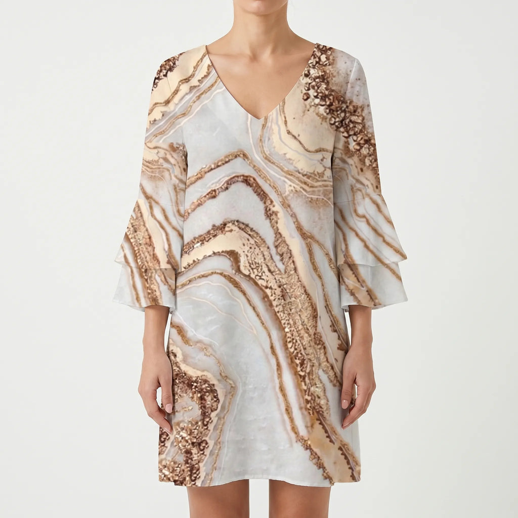 Marbela™ -  V-Neck Flared Sleeve Mini Dress -  Casual Daytime Outings