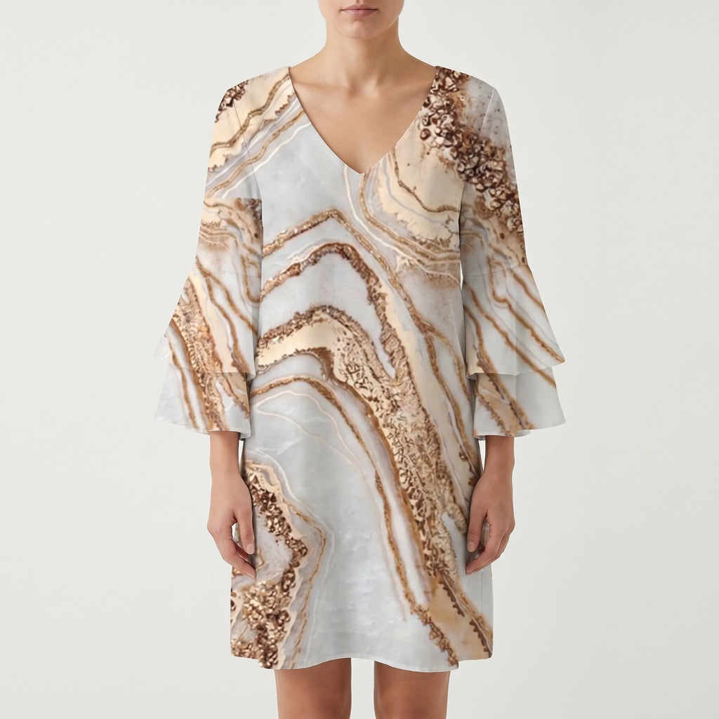 Marbela™ -  V-Neck Flared Sleeve Mini Dress -  Casual Daytime Outings