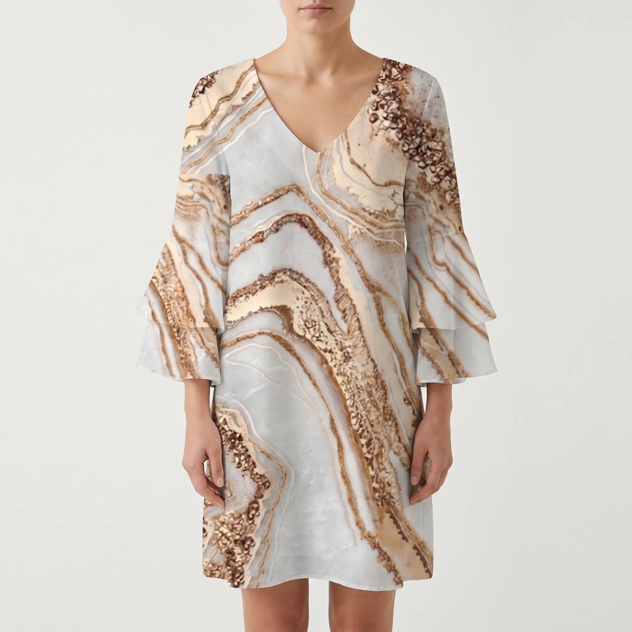 Marbela™ -  V-Neck Flared Sleeve Mini Dress -  Casual Daytime Outings