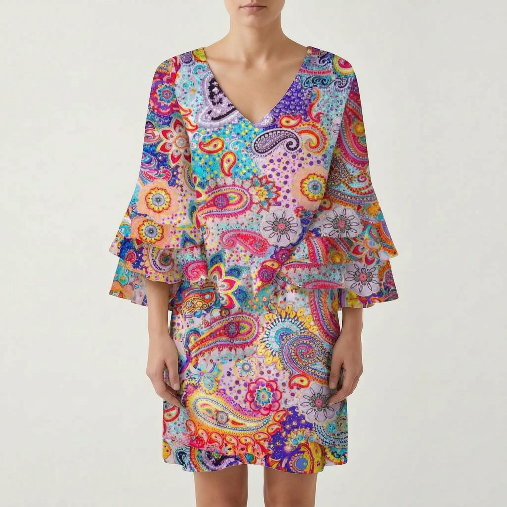 Marbela™ -  V-Neck Flared Sleeve Mini Dress -  Casual Daytime Outings