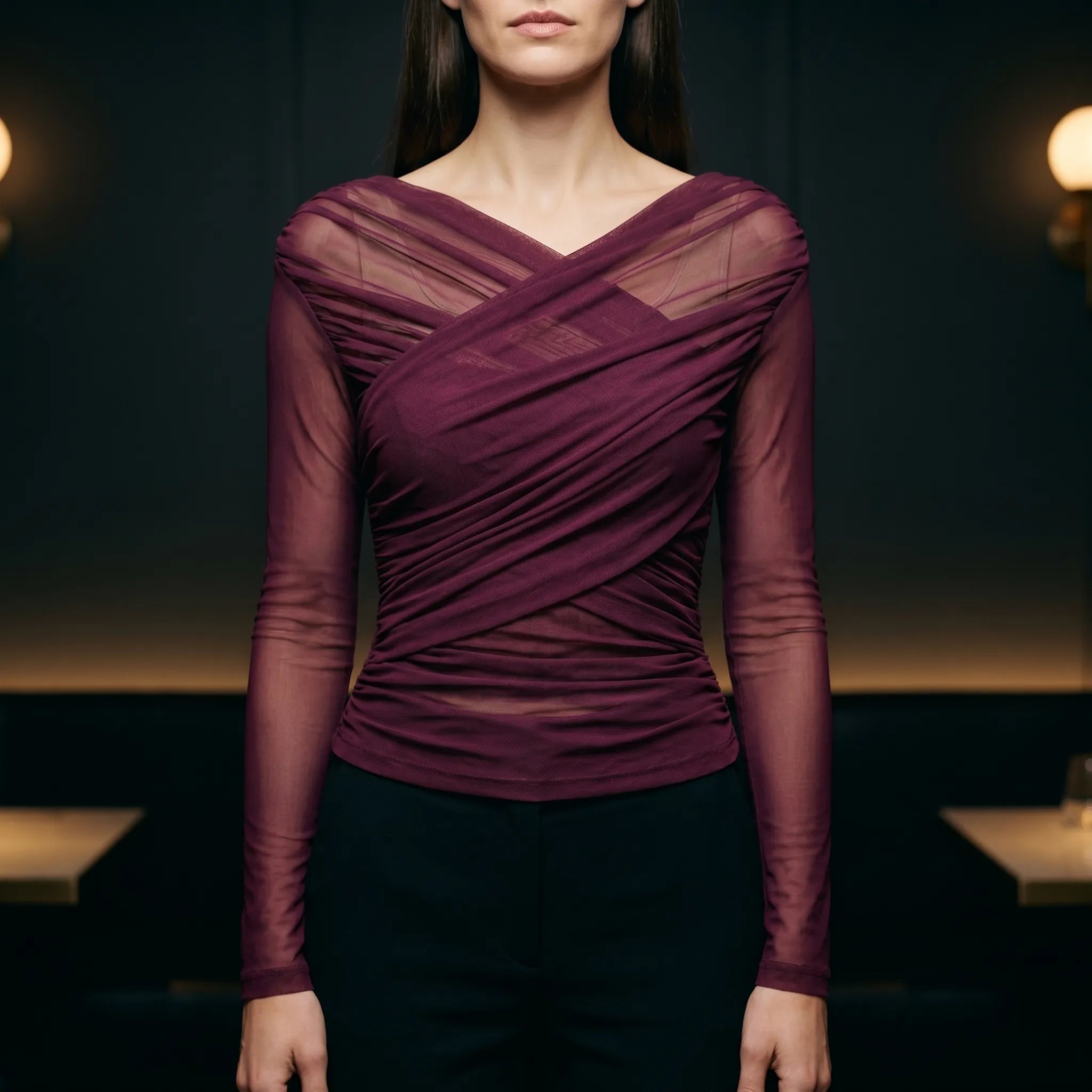 Meshani™ -  Ruched Mesh Long Sleeve Top -  Evening Socialising