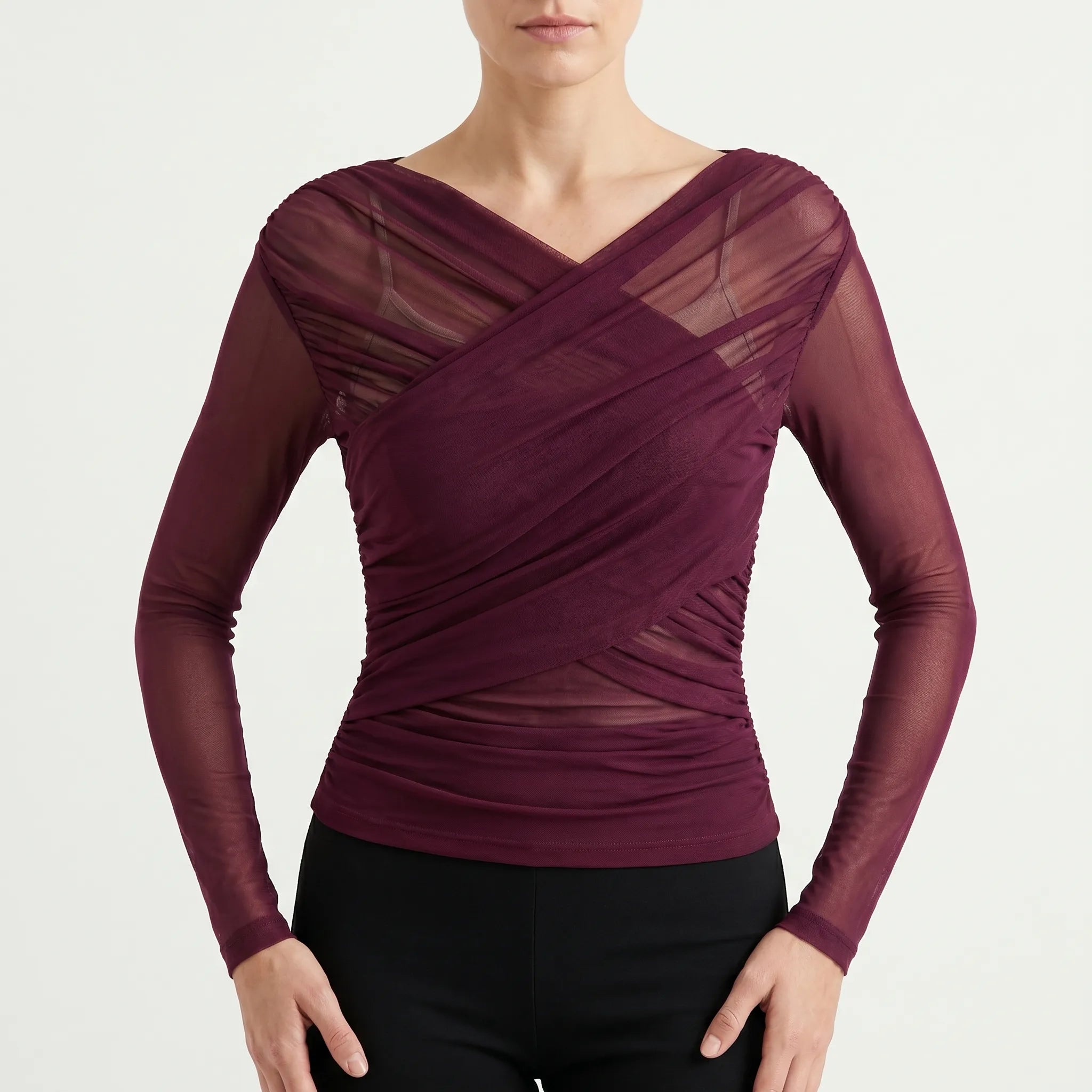 Meshani™ -  Ruched Mesh Long Sleeve Top -  Evening Socialising