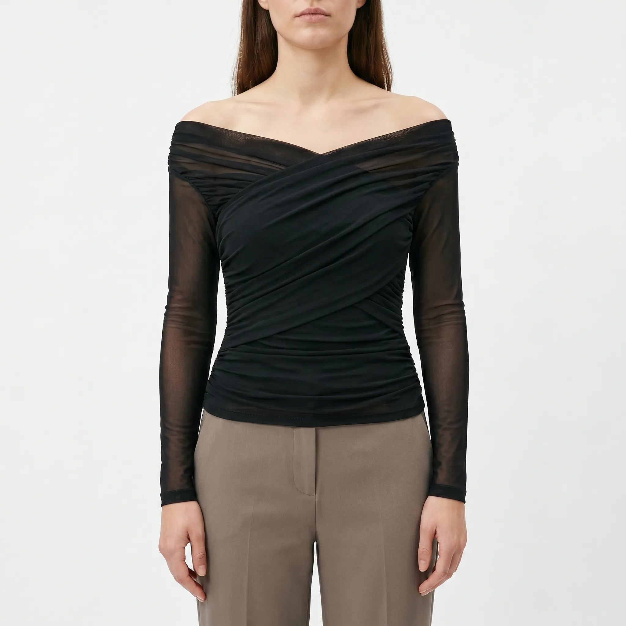 Meshani™ -  Ruched Mesh Long Sleeve Top -  Evening Socialising