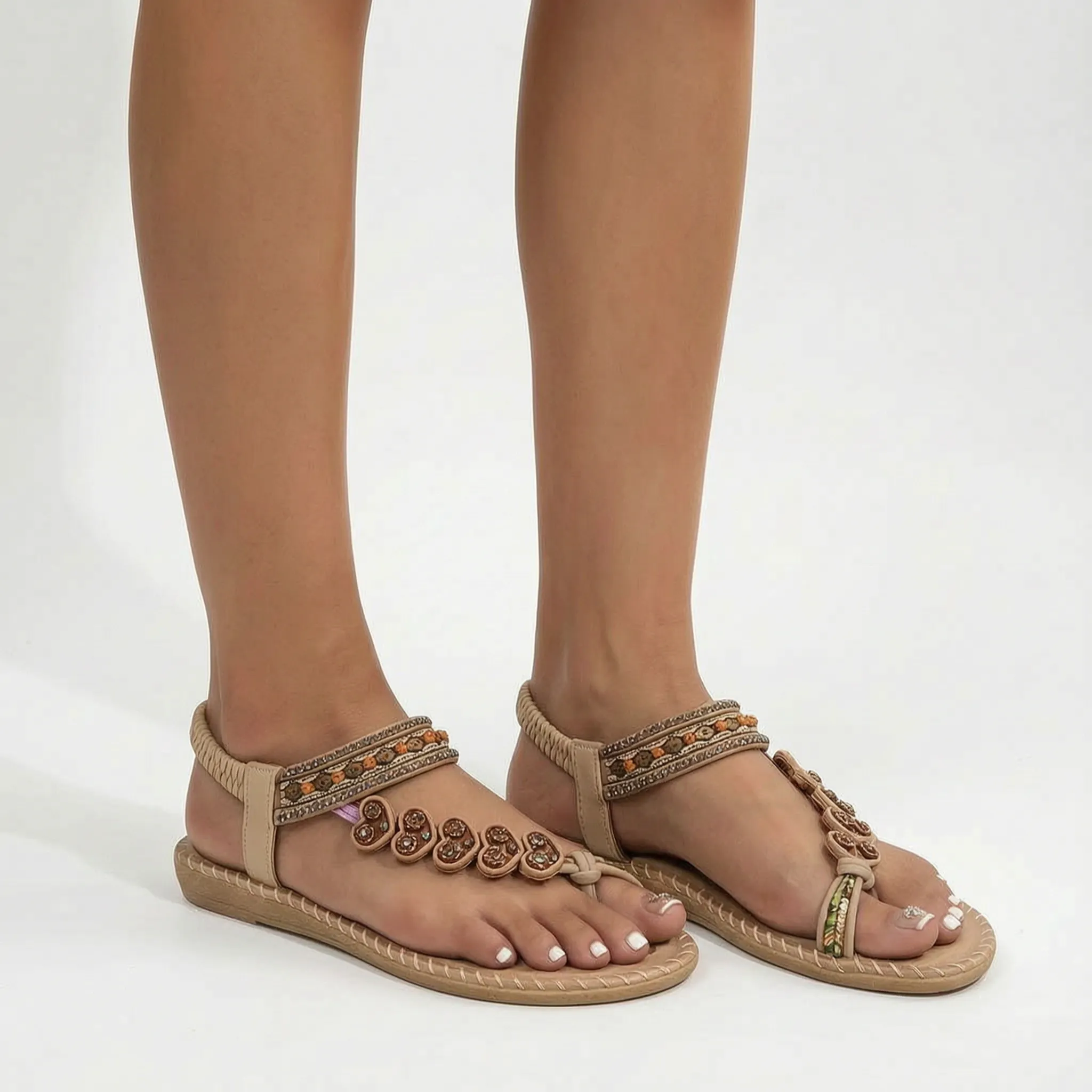 Mirella™ -  Beaded Flat Toe Post Sandal -  Warm-Weather Outings