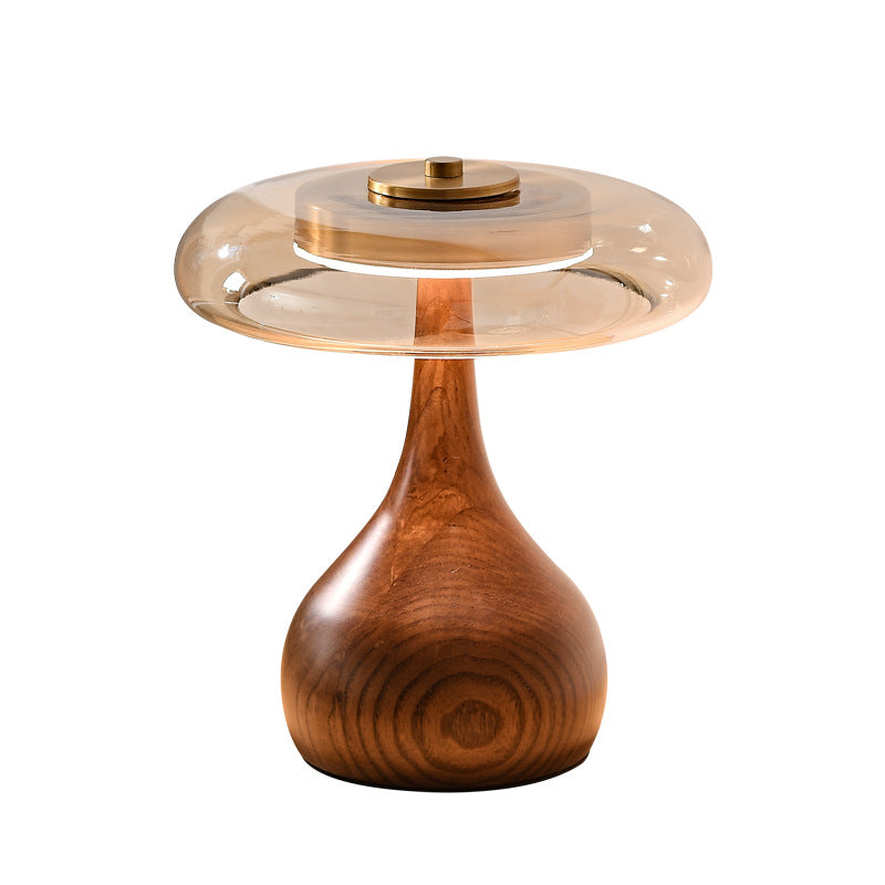 Wooden Table Lamp with Amber Glass Shade