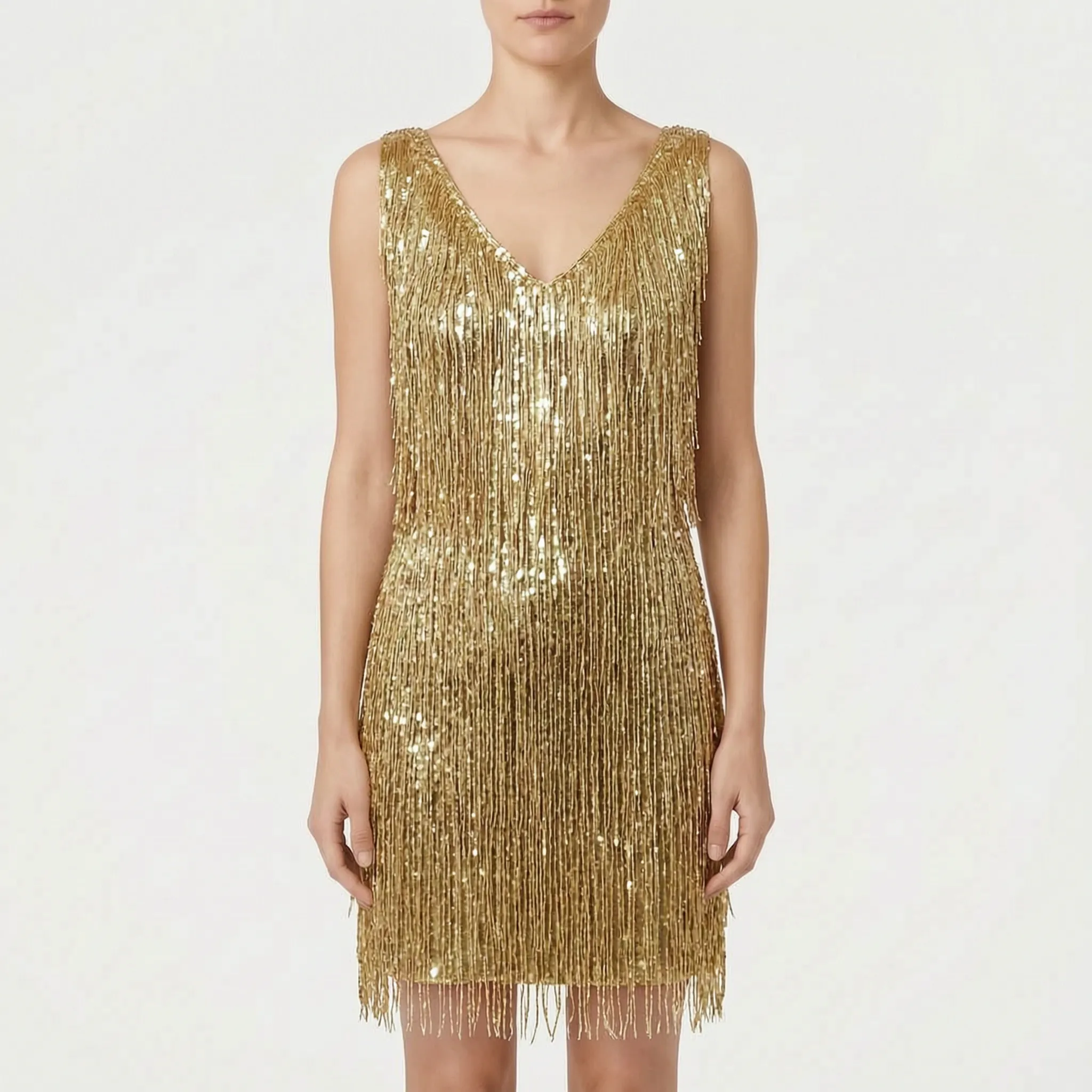 Shimmera™ -  Sleeveless Fringed Mini Dress -  Evening Parties