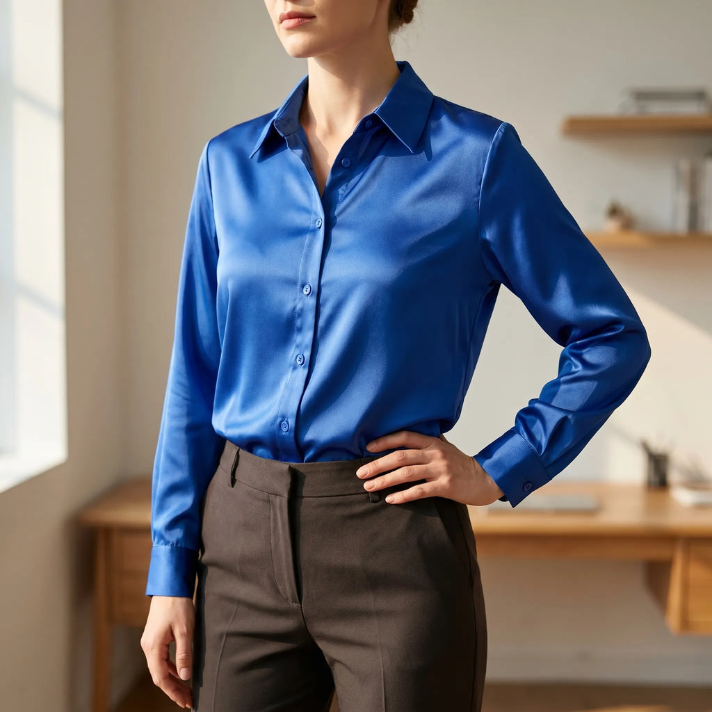 Silvanae™ -  High-Shine Button-Up Blouse -  Smart-Casual Dressing