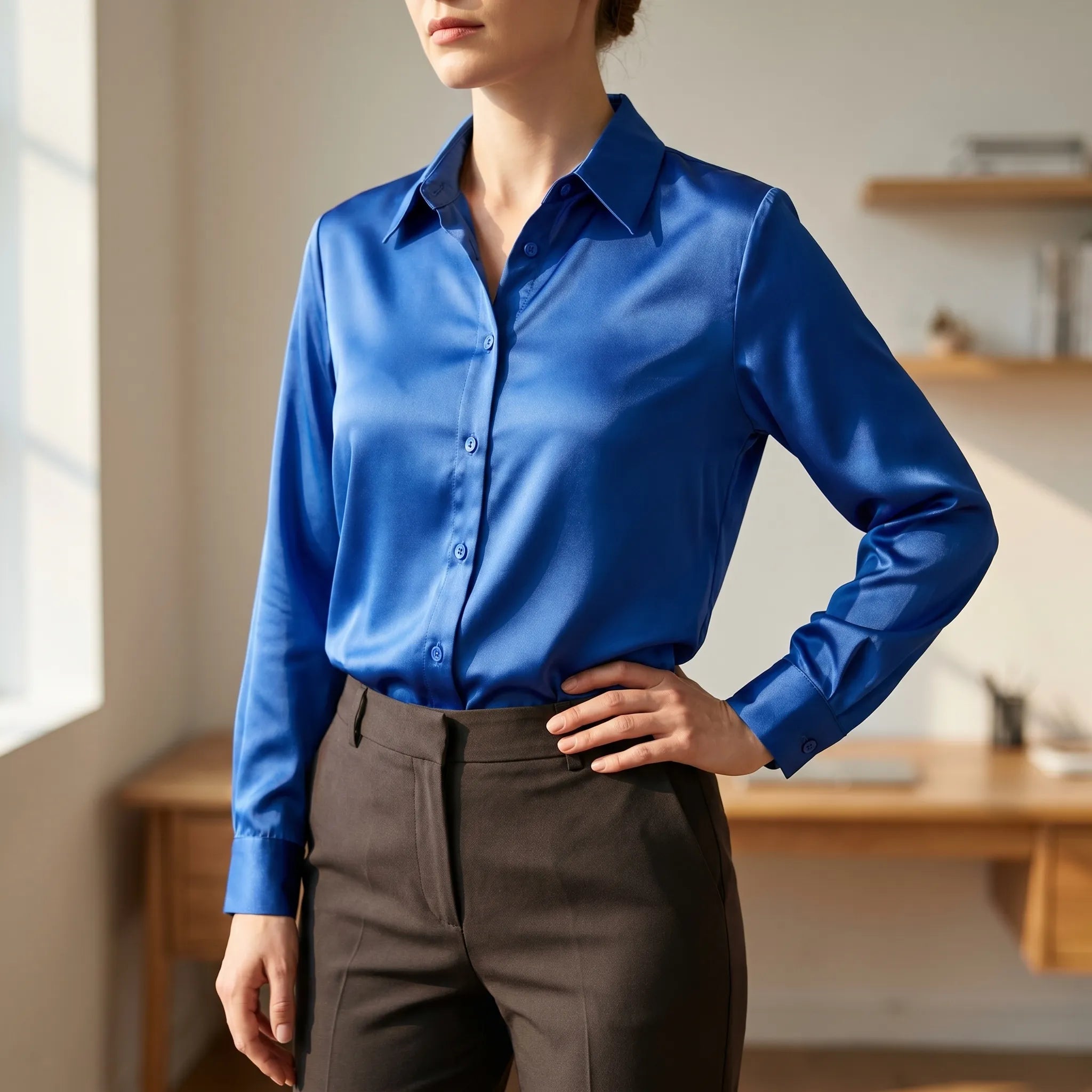 Silvanae™ -  High-Shine Button-Up Blouse -  Smart-Casual Dressing
