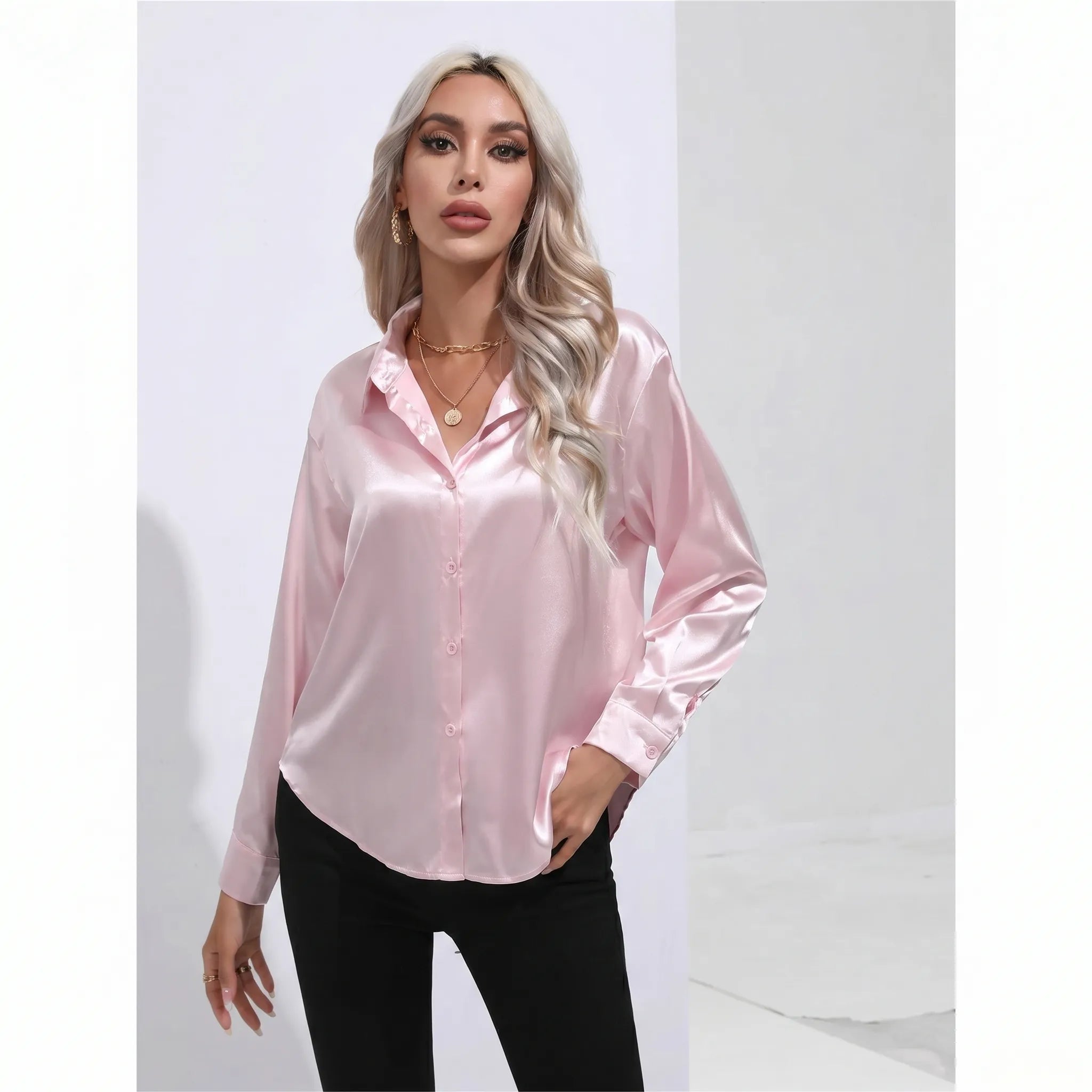 Silvanae™ -  High-Shine Button-Up Blouse -  Smart-Casual Dressing