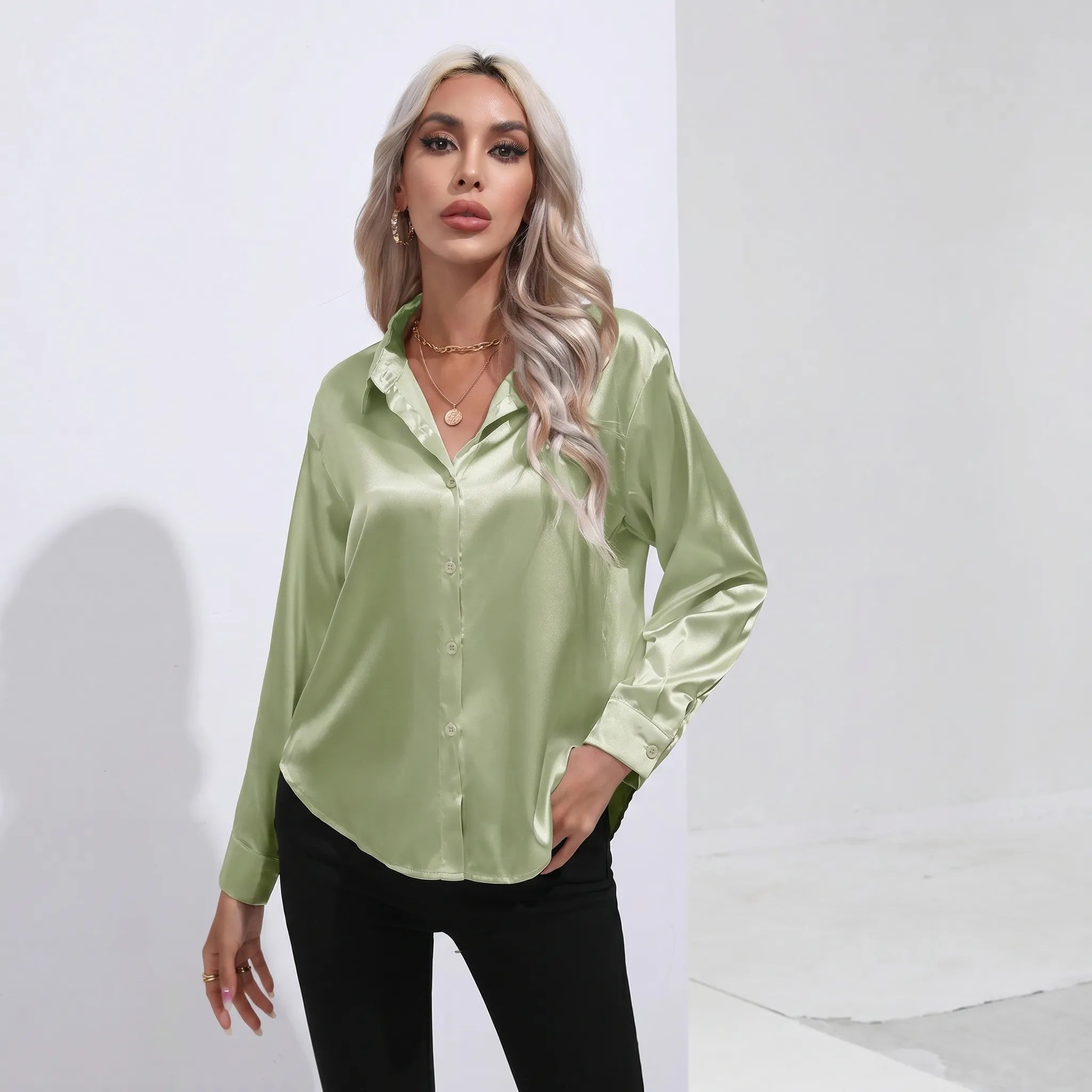 Silvanae™ -  High-Shine Button-Up Blouse -  Smart-Casual Dressing