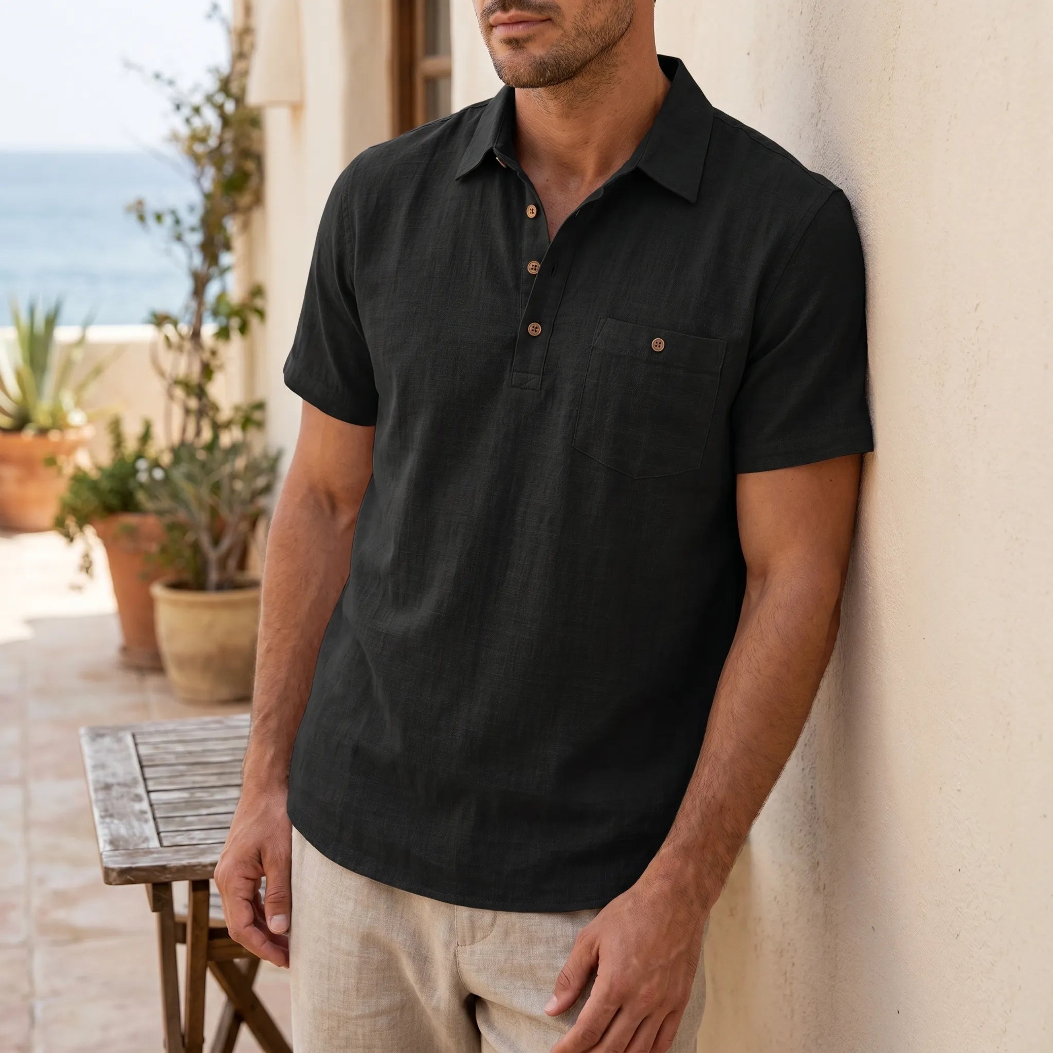 Solier™ -  Men's Short Sleeve Collared Shirt -  Weekend Coastal Trips