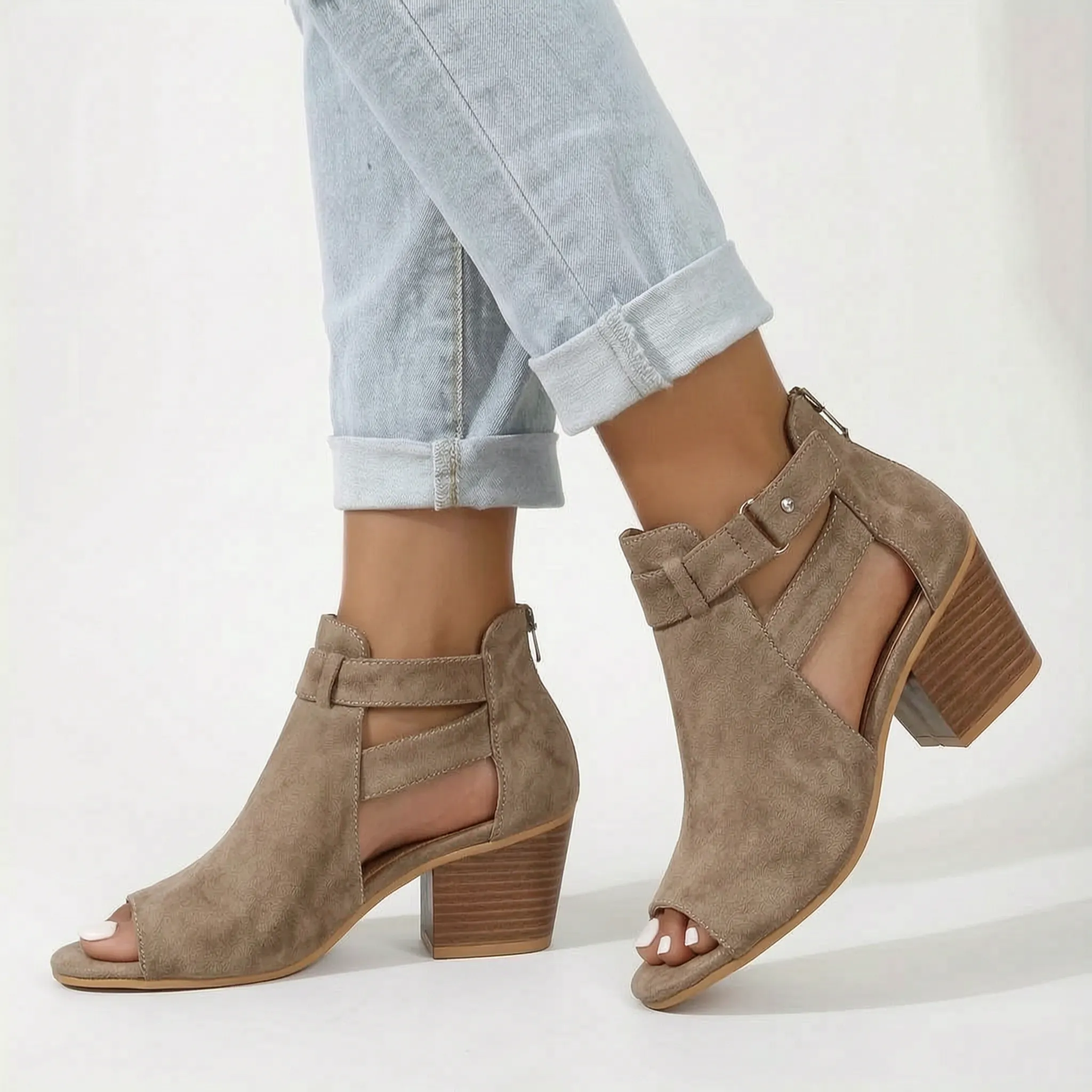 Stepchic™ -  Peep-Toe Block Heel Sandals -  Adding Subtle Height