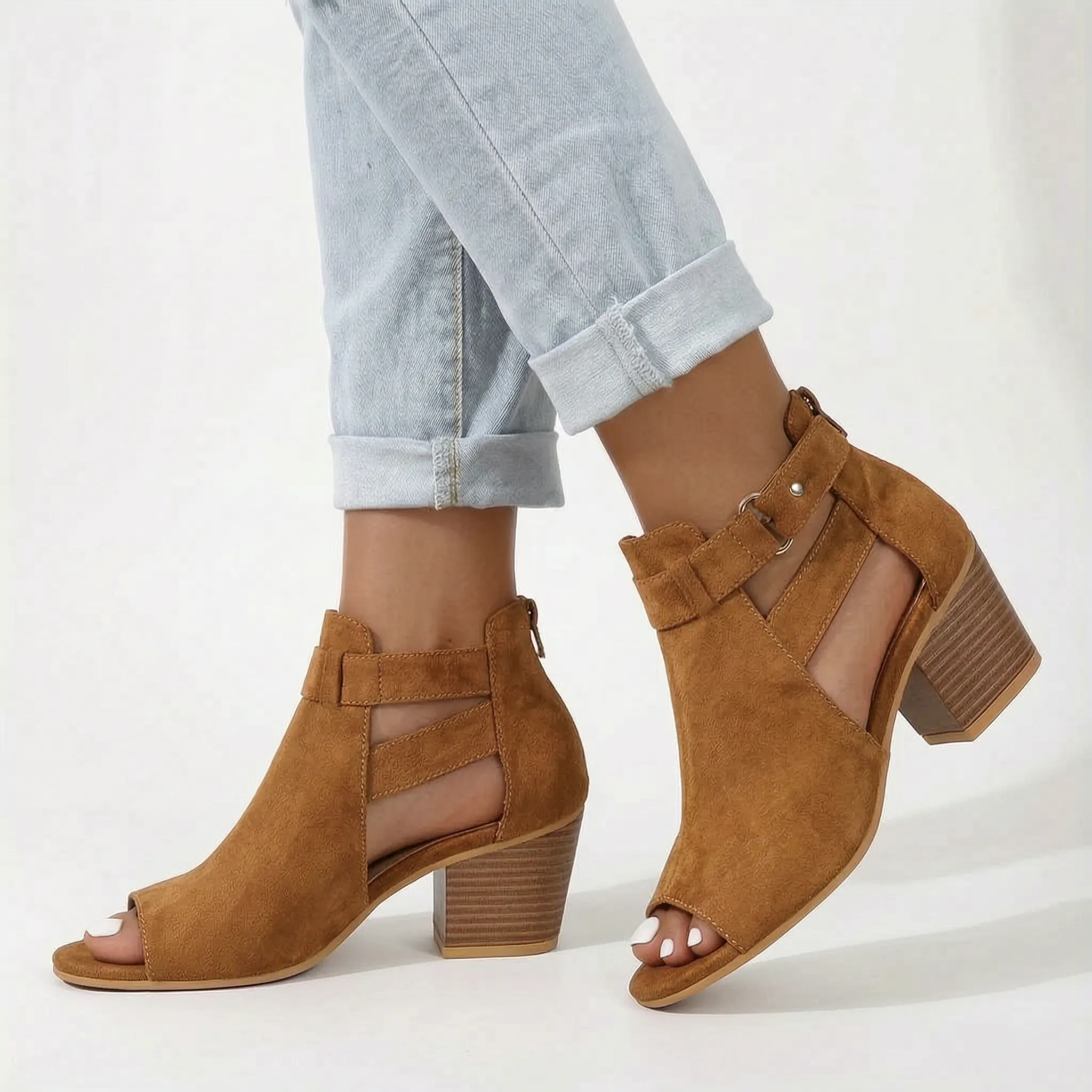 Stepchic™ -  Peep-Toe Block Heel Sandals -  Adding Subtle Height